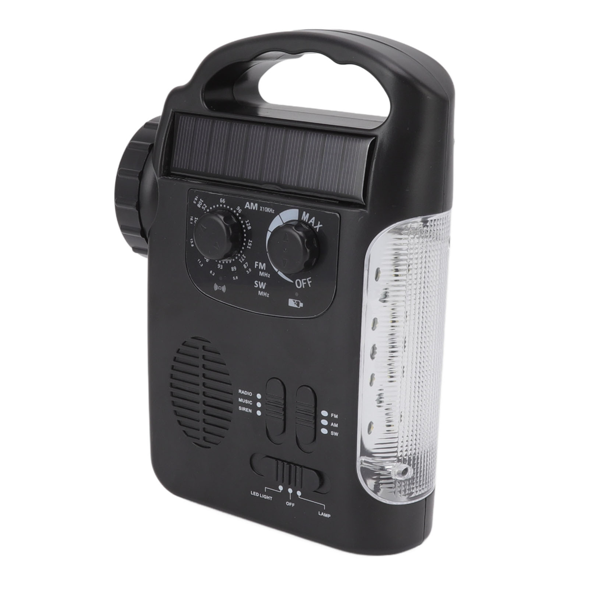 Ein schwarzes, rechteckiges Notfallradio mit Griff, Solarpanel und Taschenlampe. Es hat Bedienelemente auf der Vorderseite.