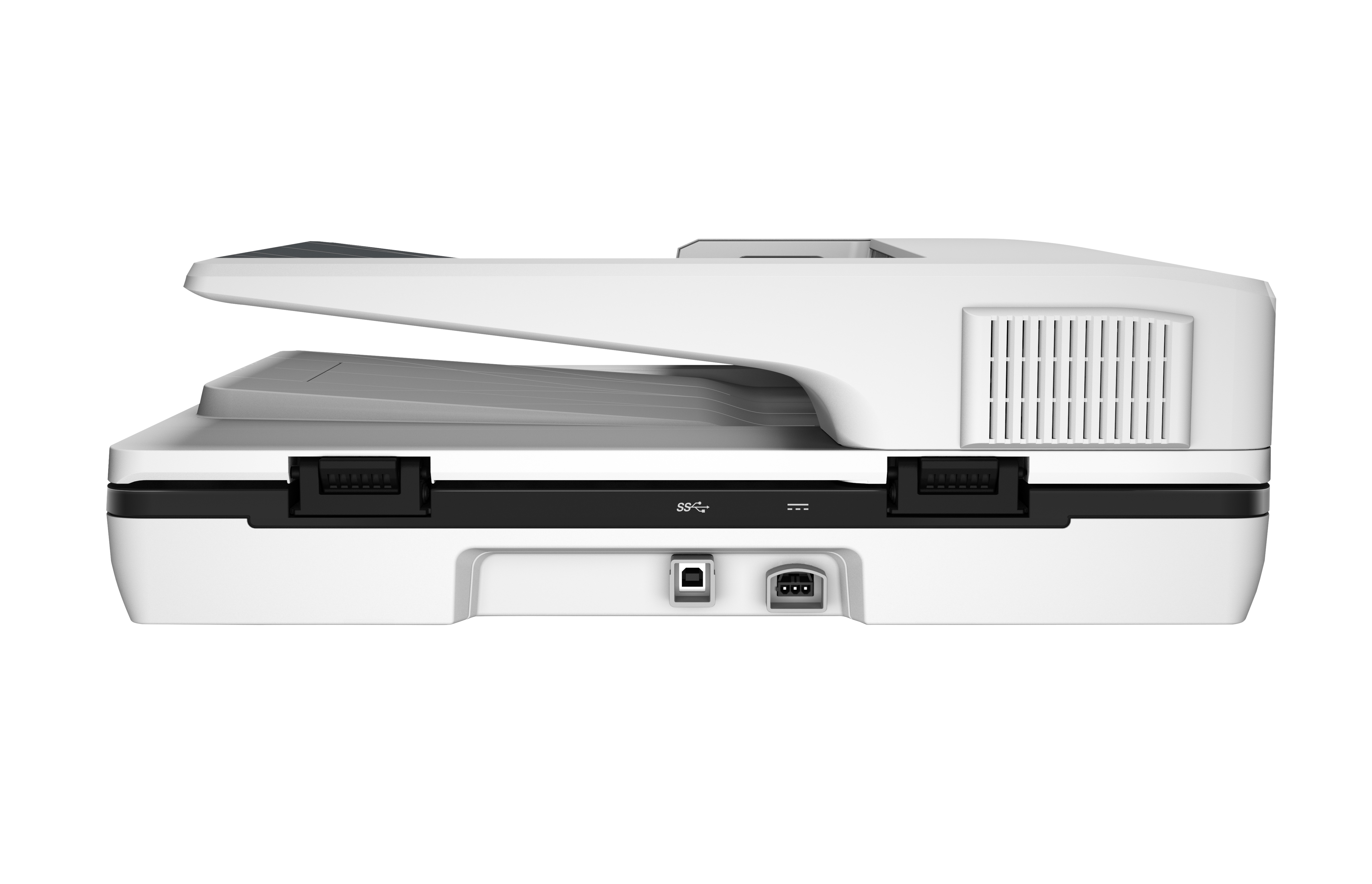 Ein weißer Scanner, der die Rückseite des Geräts mit den Anschlüssen und dem geöffneten Deckel zeigt.
