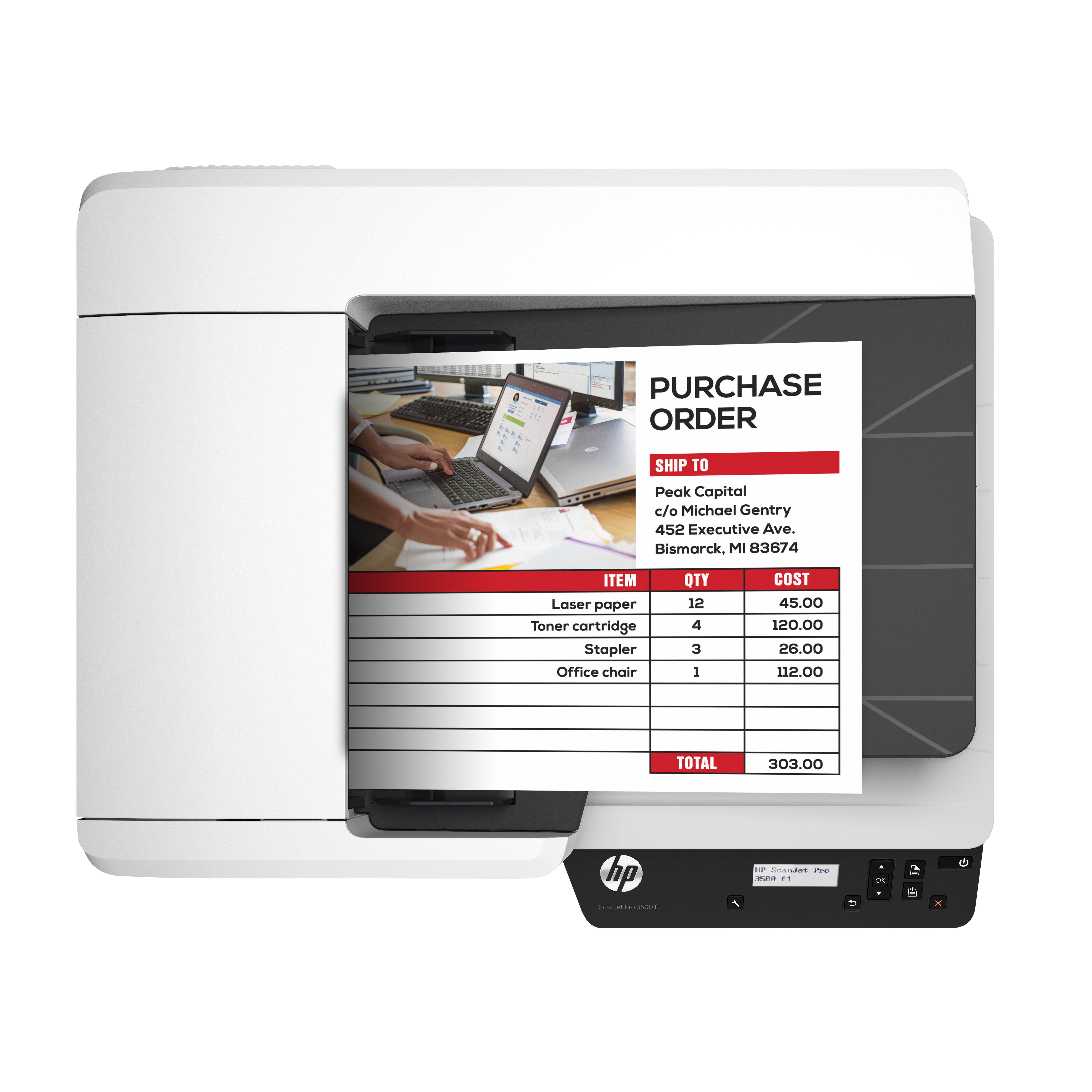 Ein Drucker druckt eine Bestellung. Die Bestellung listet Laserpapier, Toner, Tacker und Bürostuhl auf.