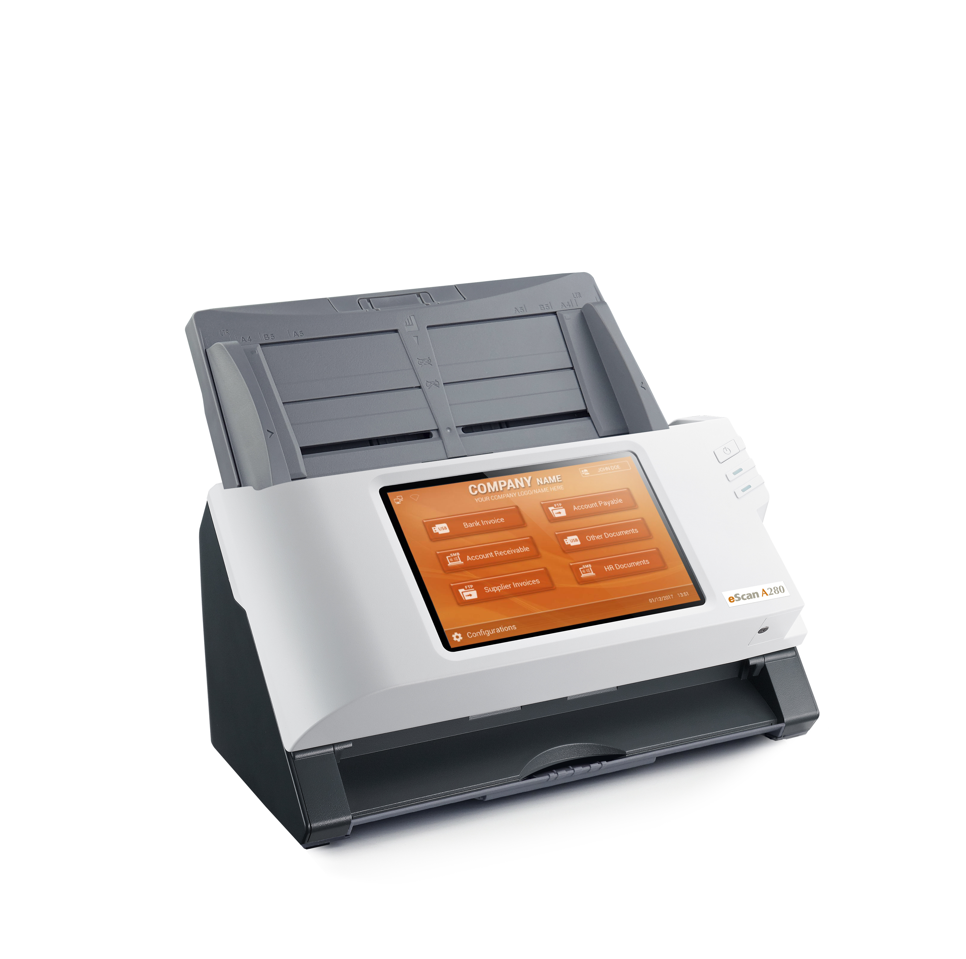 Skaner z otwartą pokrywą. Ekran wyświetla opcje dokumentów. Biała i szara obudowa.