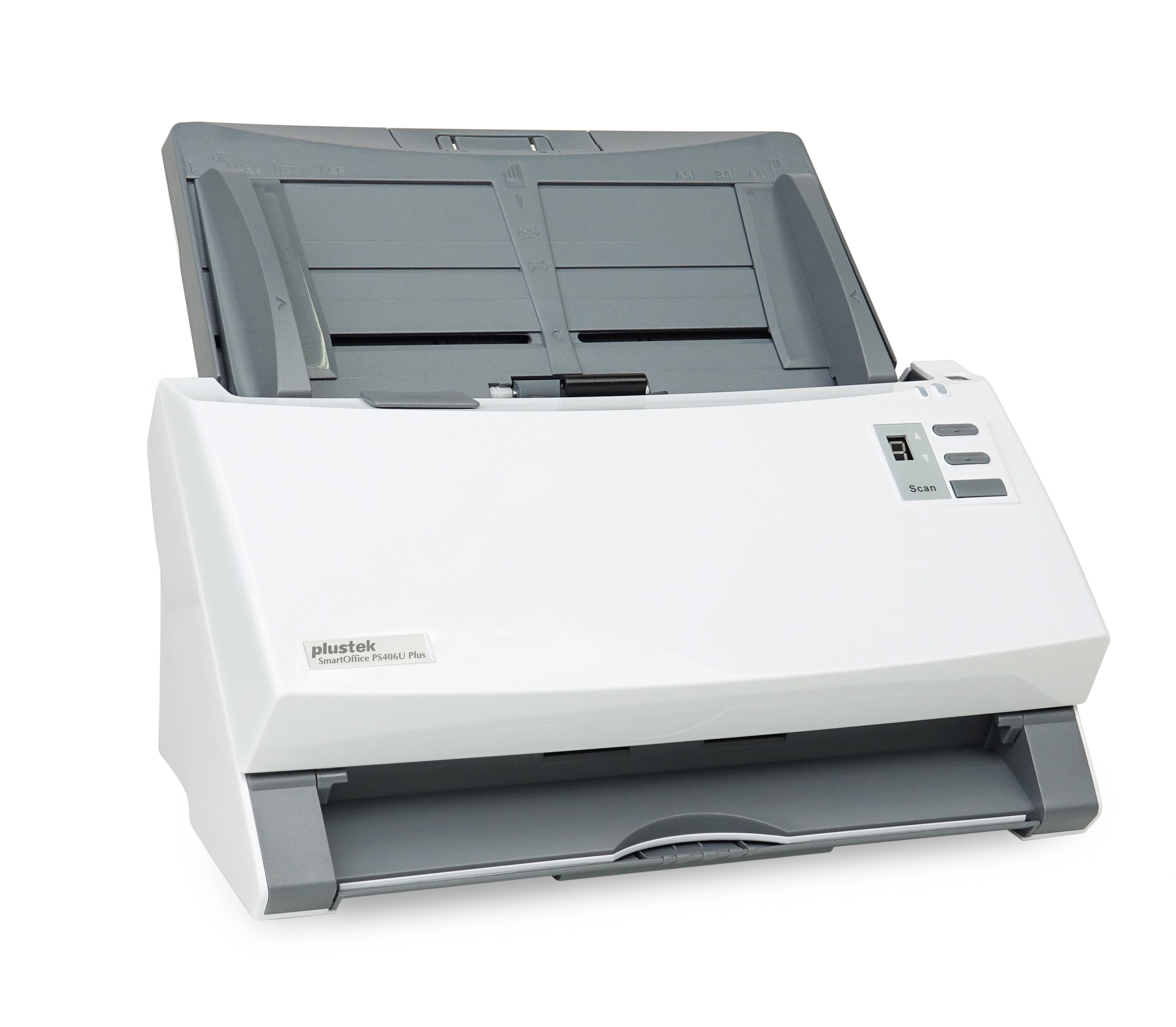 Weißer PlusTek Scanner mit offenem Deckel, zeigt das Scanbett und die Bedientasten.