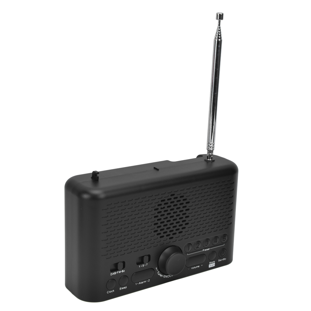 Schwarzes Retro-Radio mit Antenne, Knöpfen und Lautstärkeregler. Die Antenne ist ausgefahren.