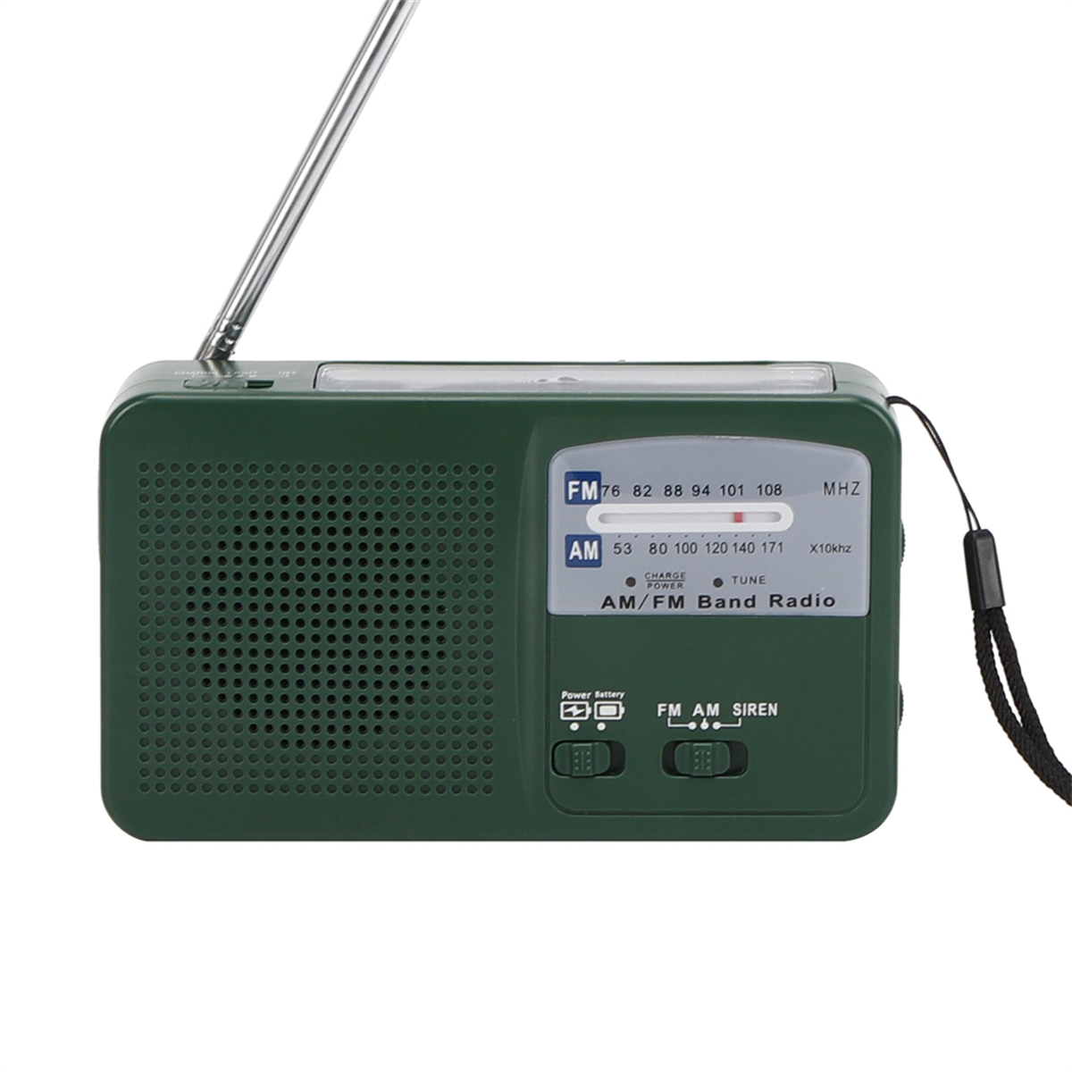 Grünes AM/FM-Radio. Hat ein Zifferblatt und eine Antenne. Schwarzer Gurt.