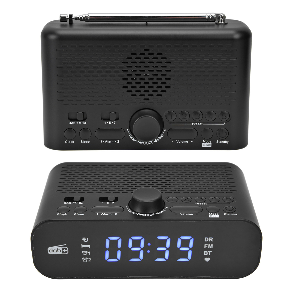 Ein schwarzes Digitaluhrradio mit Digitalanzeige. Auf der Ober- und Vorderseite des Radios befinden sich Tasten.