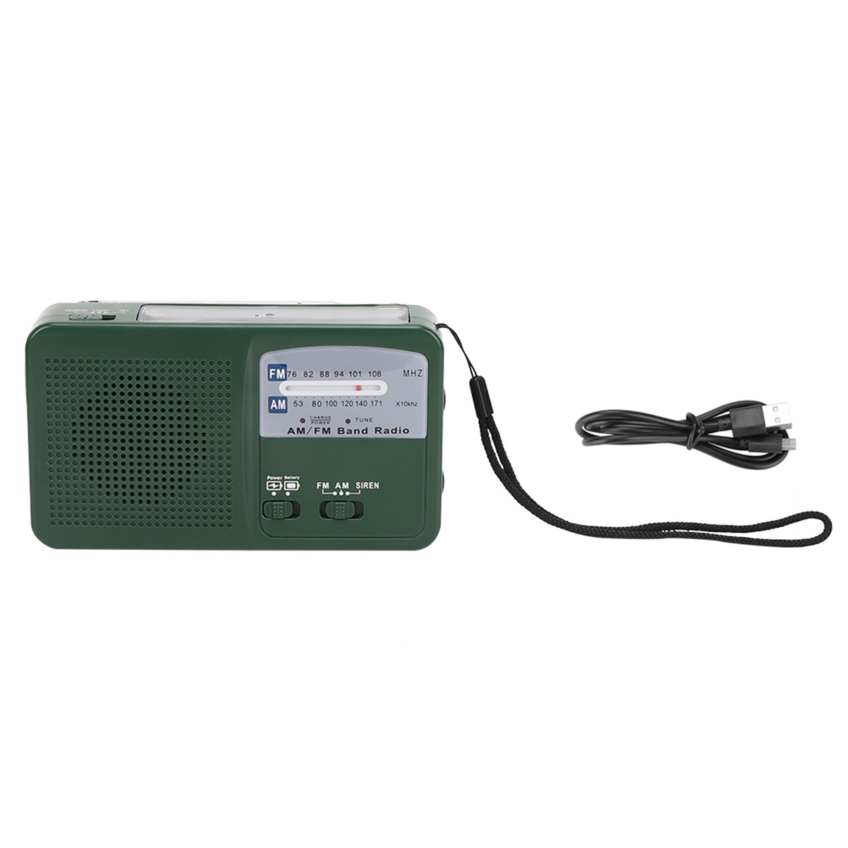 Grünes AM/FM-Radio mit USB-Kabel und schwarzem Riemen. Weißer Hintergrund.