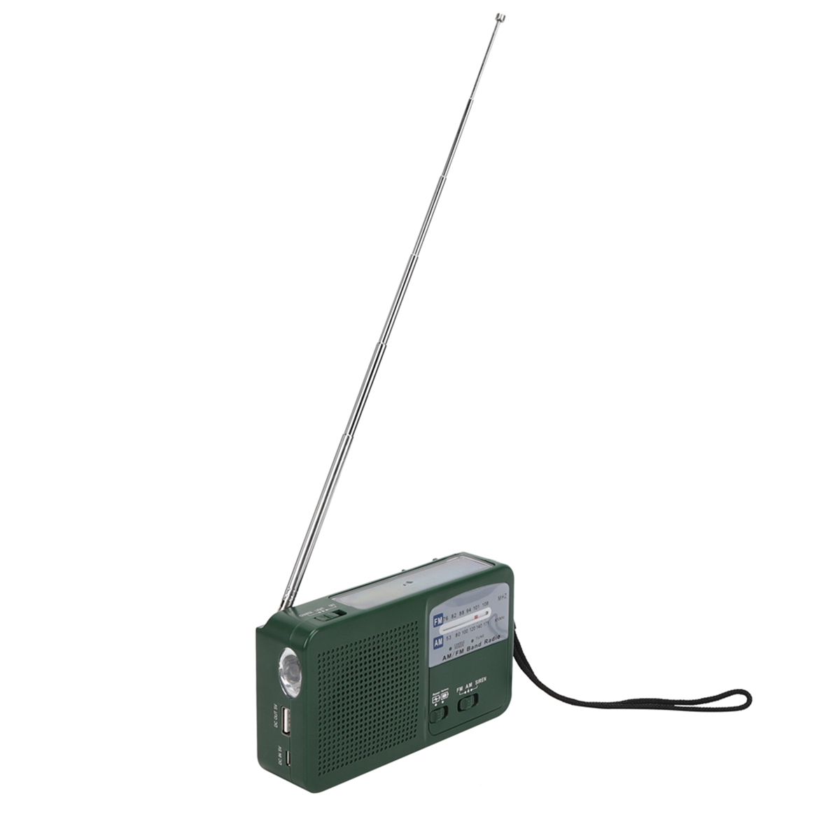 Grünes tragbares Radio mit ausgefahrener Antenne auf weißem Hintergrund. Hat einen schwarzen Gurt und ein kleines Licht.