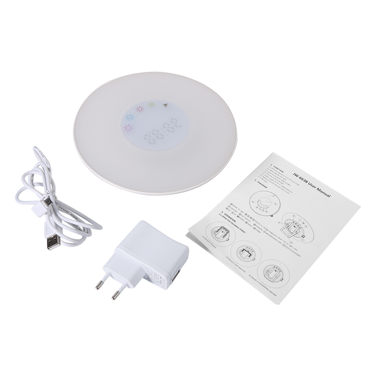 Ein weißes kreisförmiges Licht mit USB-Kabel, Netzteil und Bedienungsanleitung auf weißer Oberfläche.