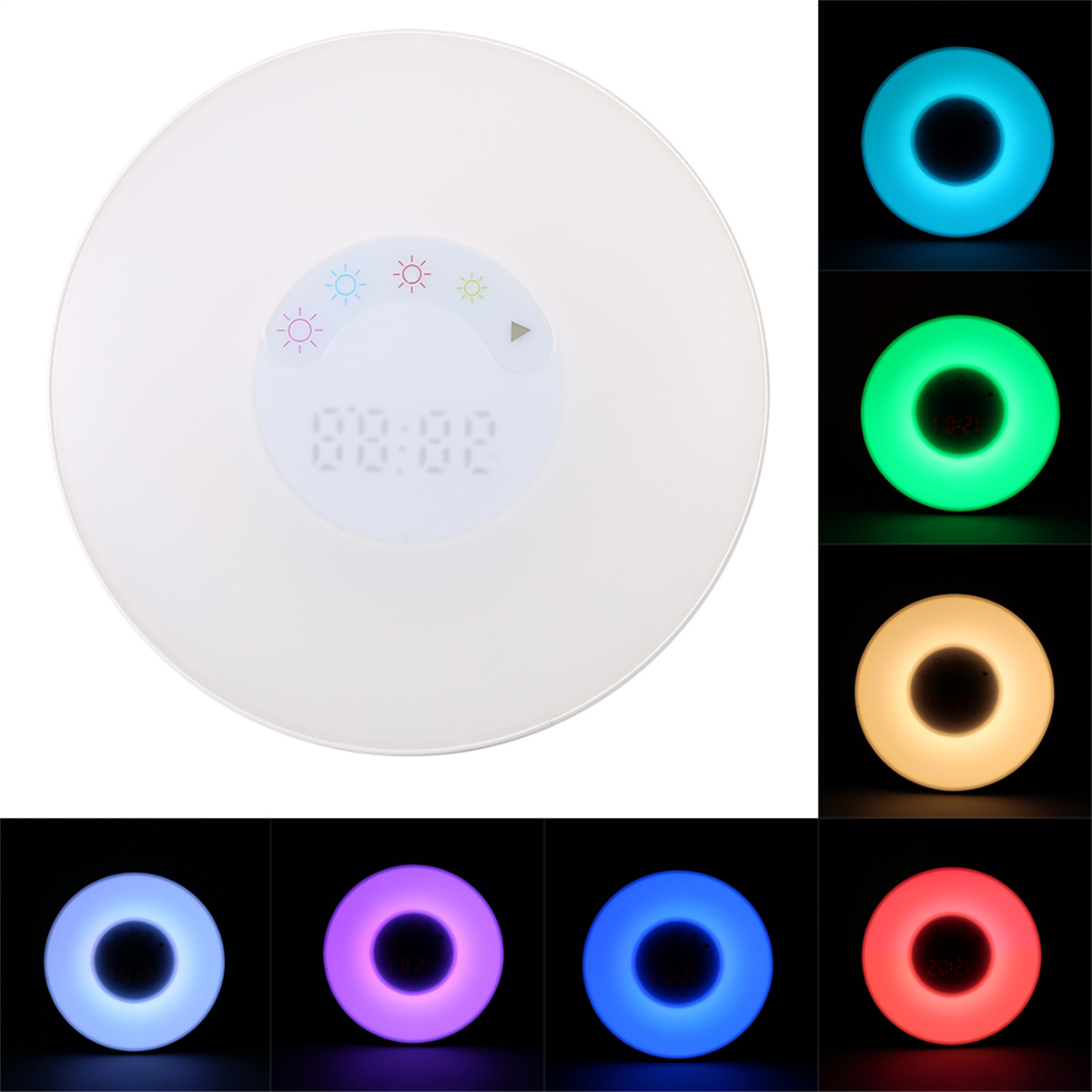 Weißer Wecker mit Digitalanzeige und farbigen Lichtoptionen. Das Licht wechselt die Farbe.