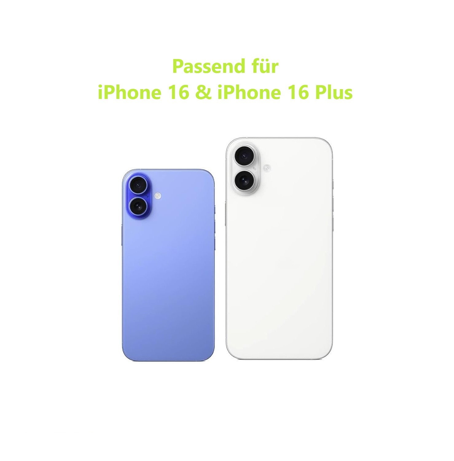 Zwei Telefone, blau und weiß, mit dem Text "iPhone 16 & iPhone 16 Plus".