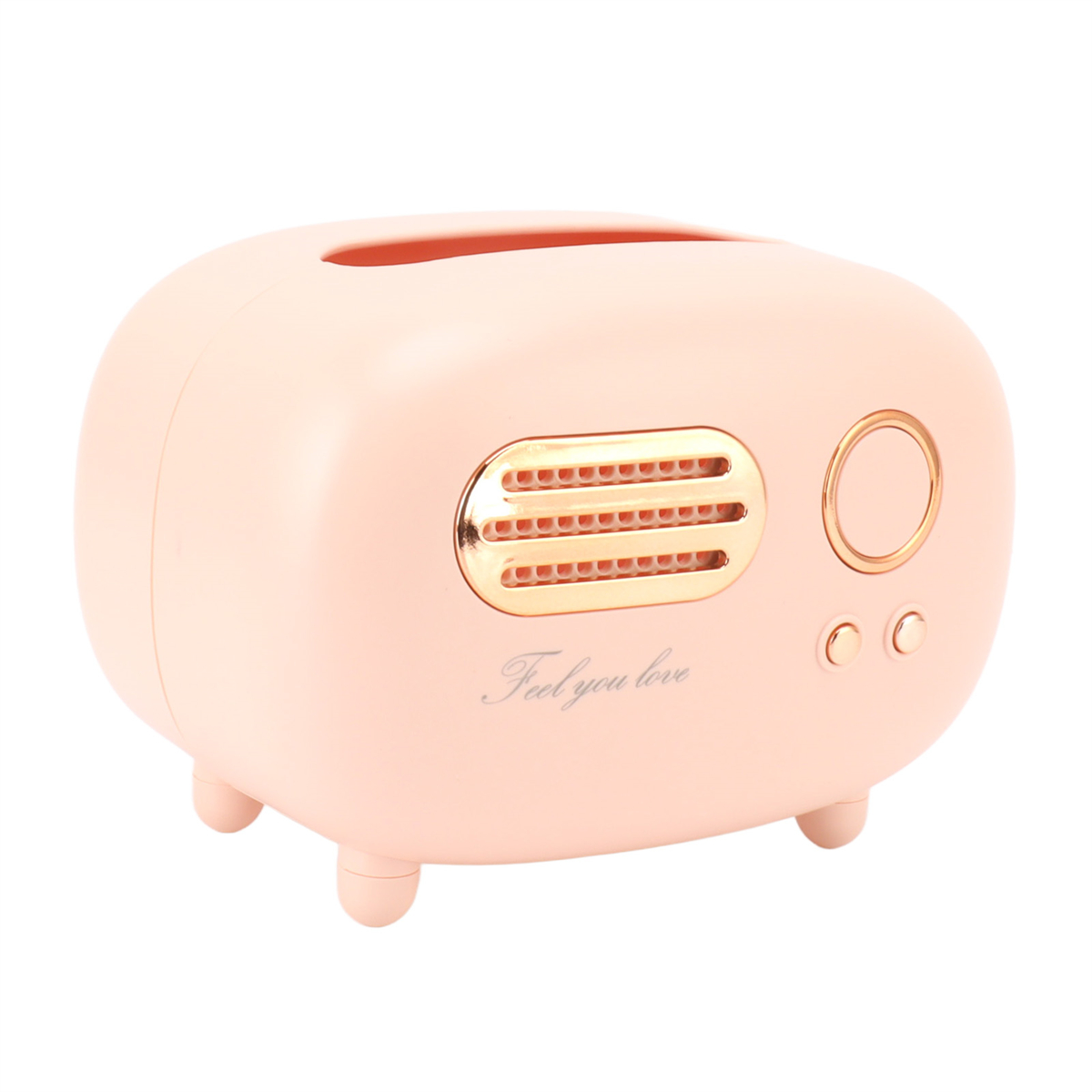 Eine rosa Taschentuchbox in Form eines Retro-Radios mit goldenen Akzenten und den Worten "Feel you love" darauf.