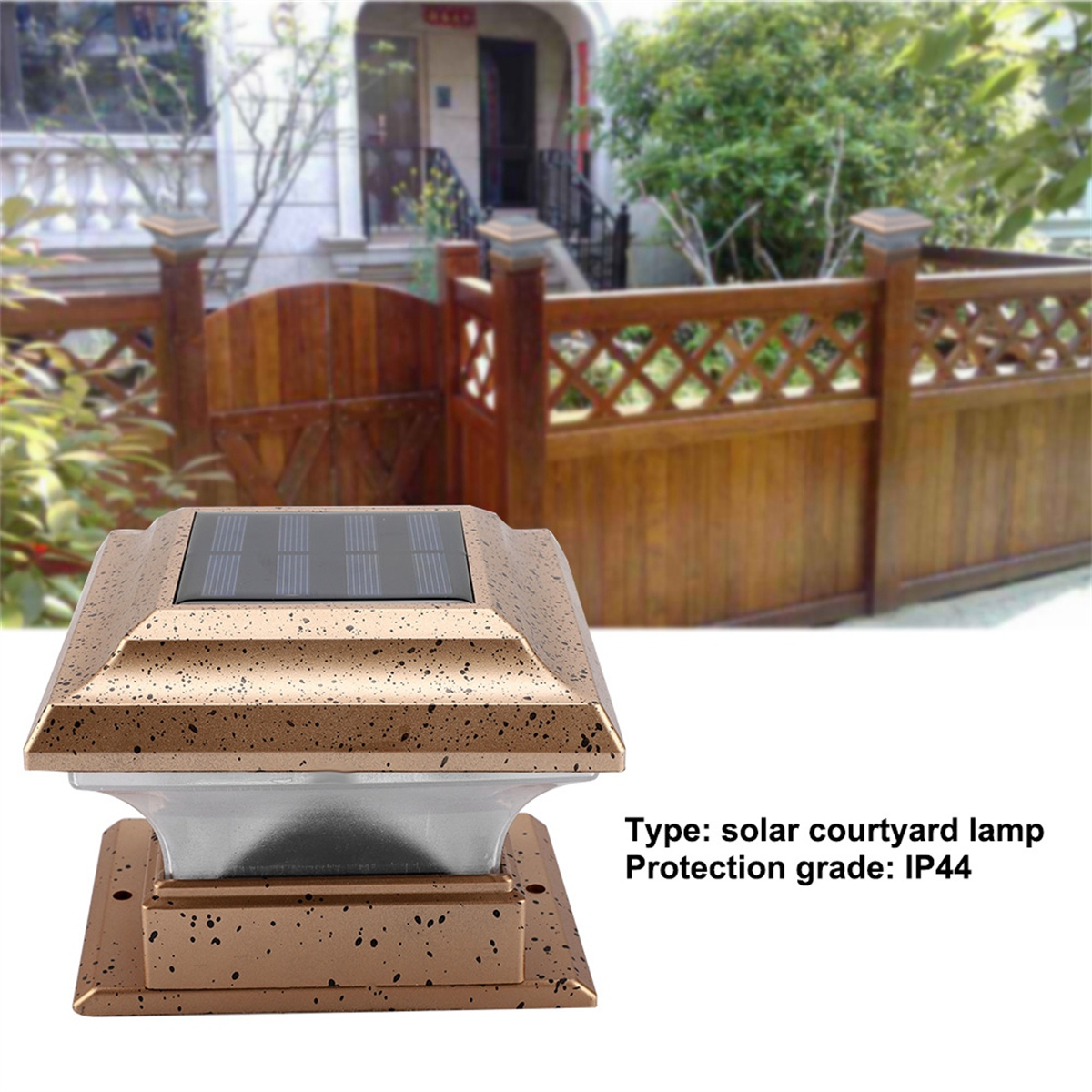 Solar-Hoflampe. Sie ist bronze- und braunfarben mit einem schwarzen Solarpanel oben.