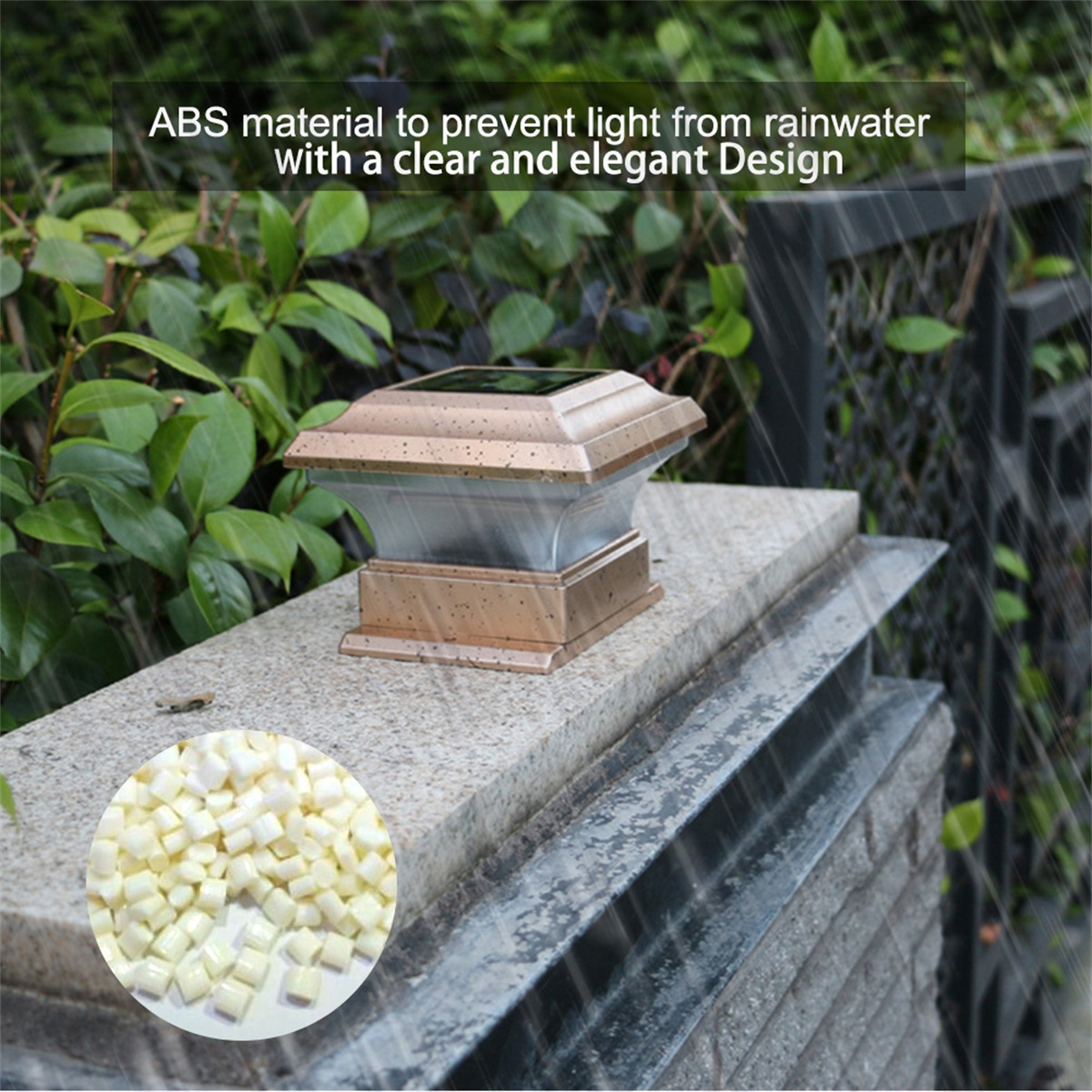Solarlicht auf einer Steinmauer mit Pflanzen und Text über ABS-Material.