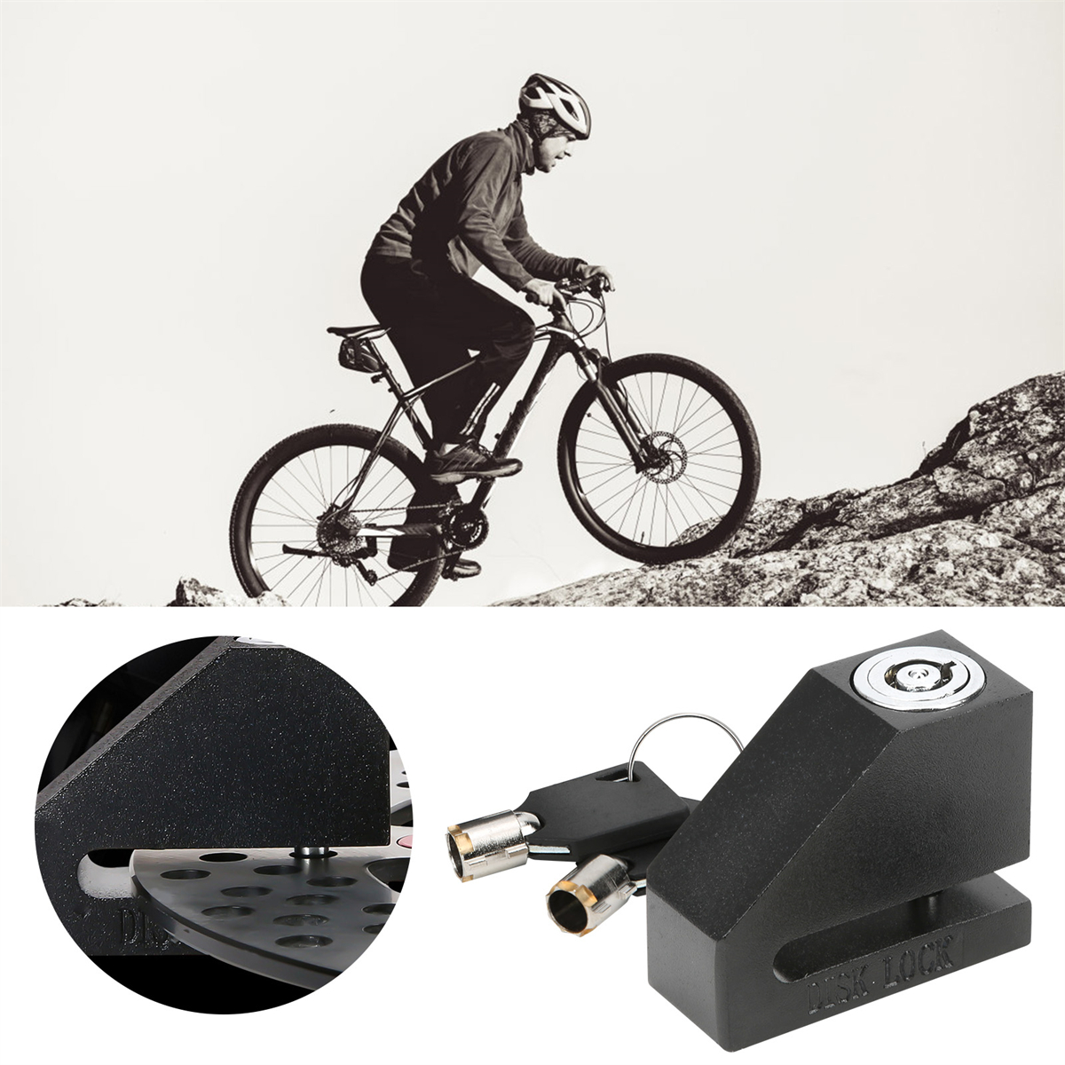 Ein Radfahrer auf einem Mountainbike. Ein schwarzes Fahrradschloss mit Schlüsseln. Das Fahrrad steht auf einem felsigen Untergrund.