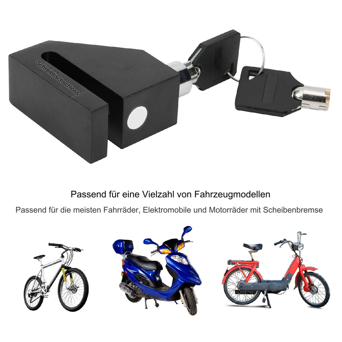 Schwarzes Schloss mit Schlüsseln, neben Abbildungen eines Fahrrads, Rollers und Mopeds.