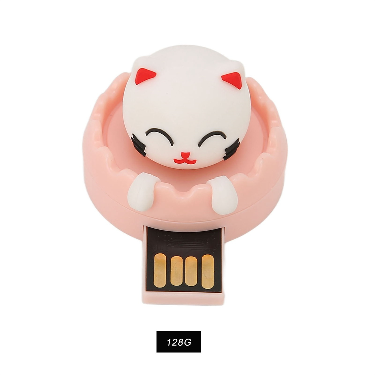 Rosa Katzen-USB-Stick. Schwarzer Text lautet "128G".