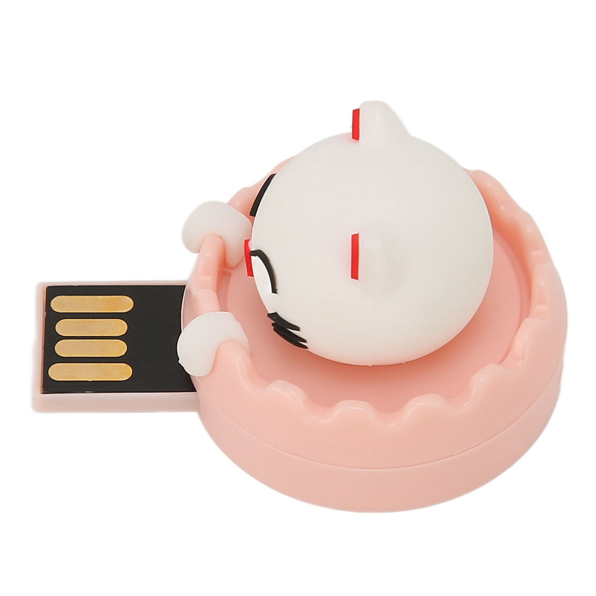 USB-Stick in Form einer weißen Katze. Die Katze befindet sich auf einer rosa Basis, der USB-Anschluss ist sichtbar.