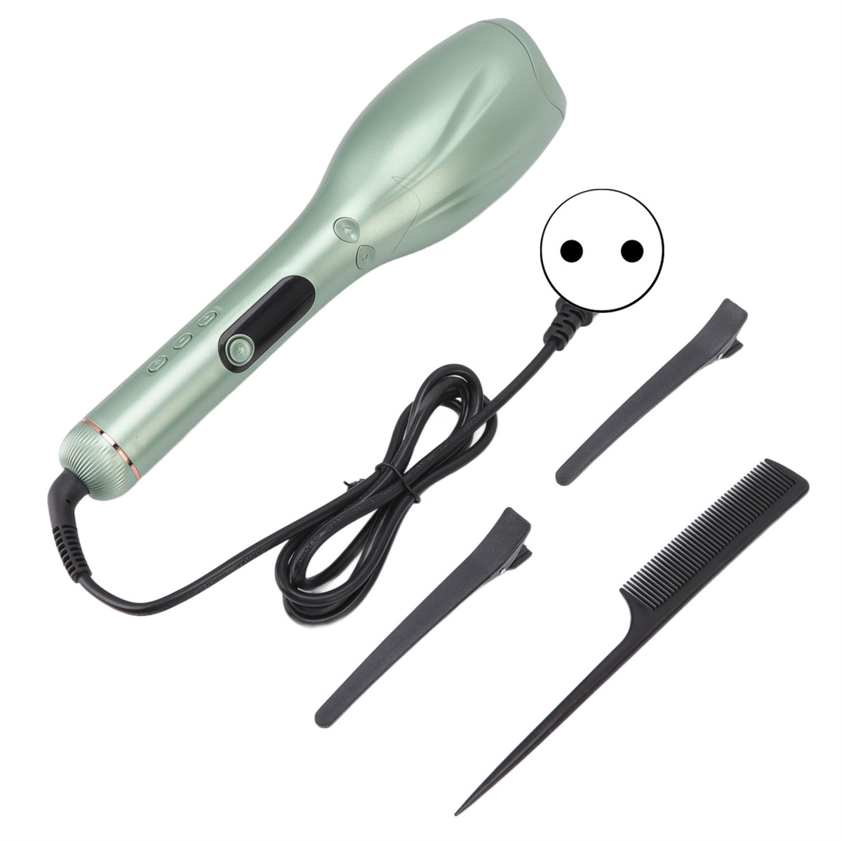 Grüner Lockenstab mit Kabel und Zubehör. Schwarzer Kamm und Clips. Weißer Hintergrund.
