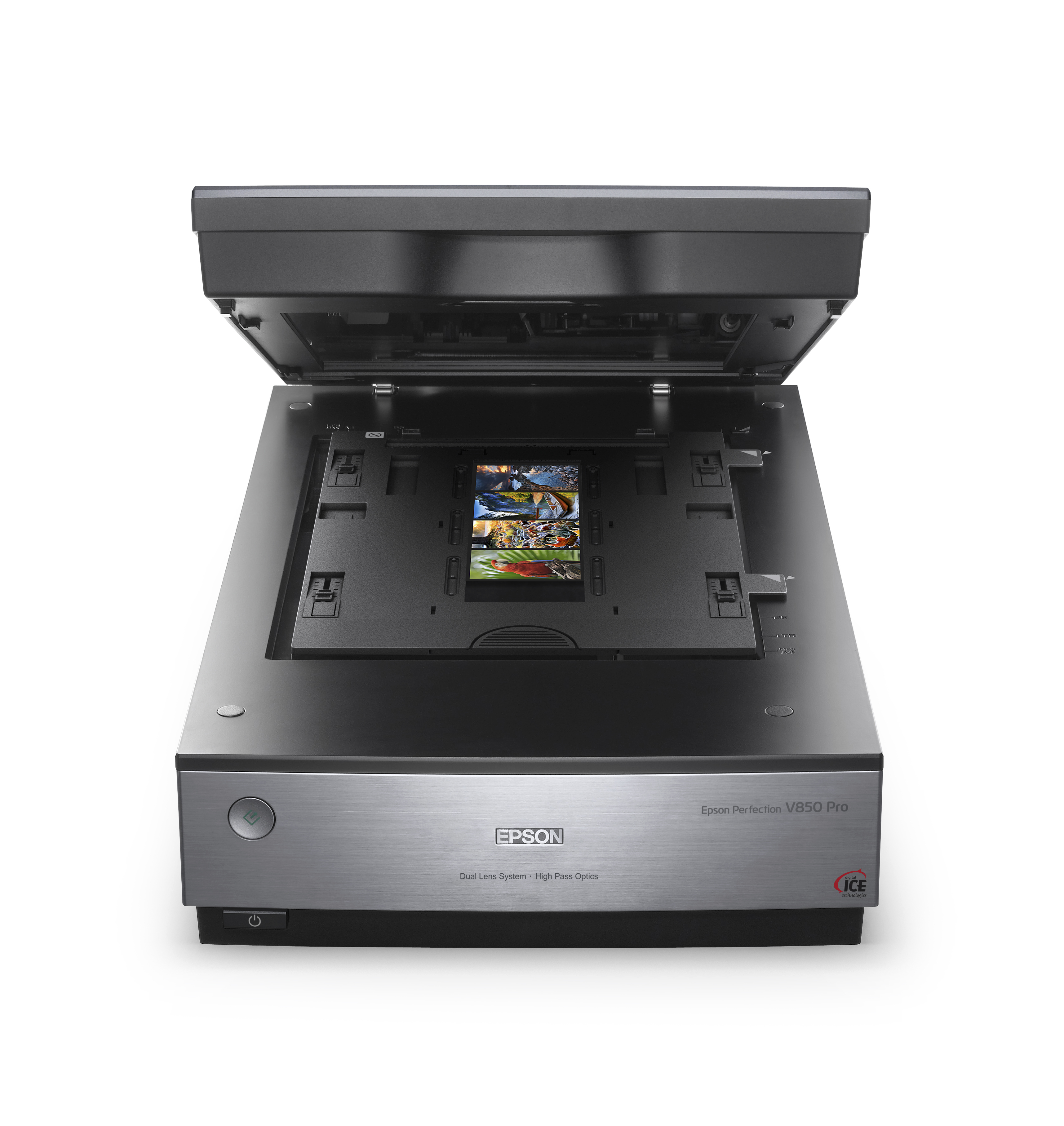 Uno scanner Epson Perfection V850 Pro aperto. La parte superiore è aperta, rivelando il letto di scansione e un vassoio.