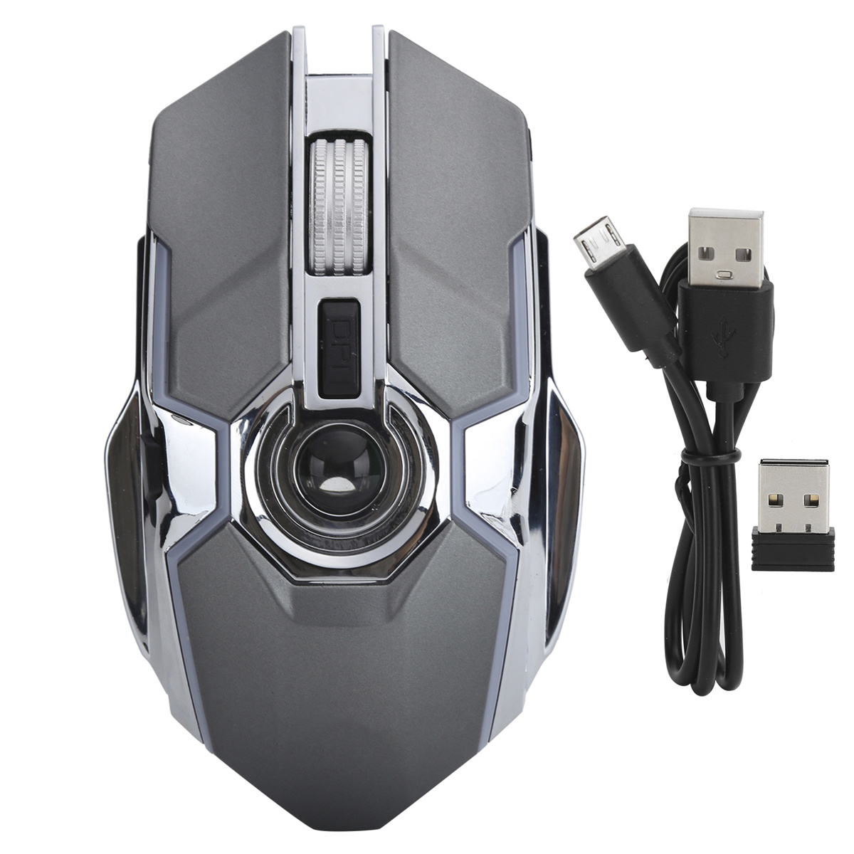 Eine graue Gaming-Maus mit USB-Kabel und einem drahtlosen Empfänger.