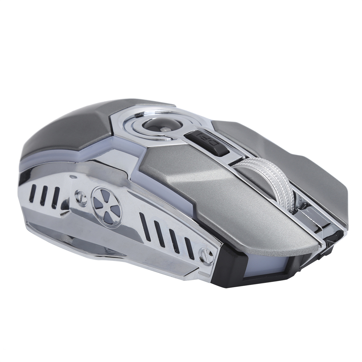 Eine silber-graue Computermaus mit Scrollrad und Tasten. Weißer Hintergrund.