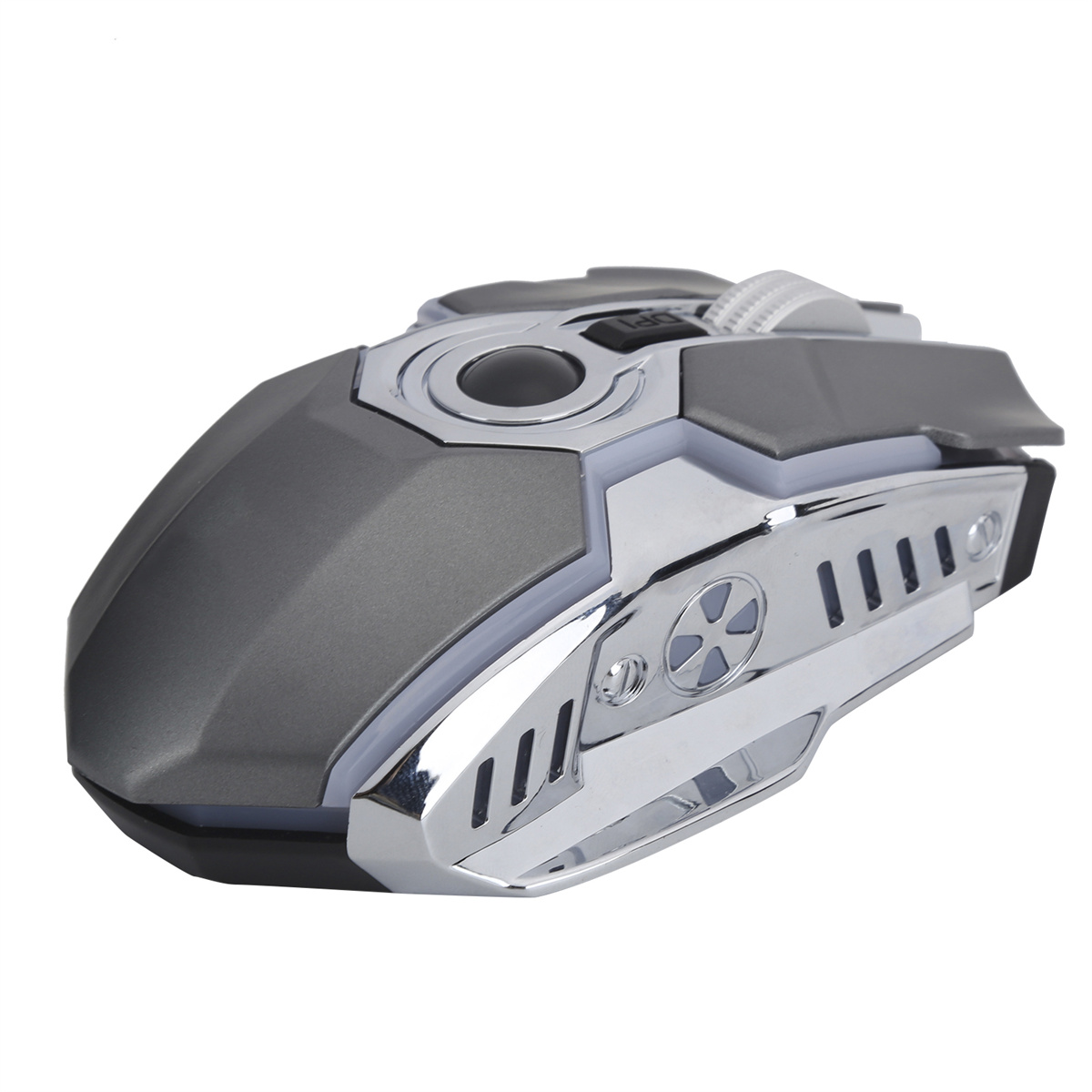 Graue und silberne Gaming-Maus mit futuristischem Design, isoliert auf Weiß.