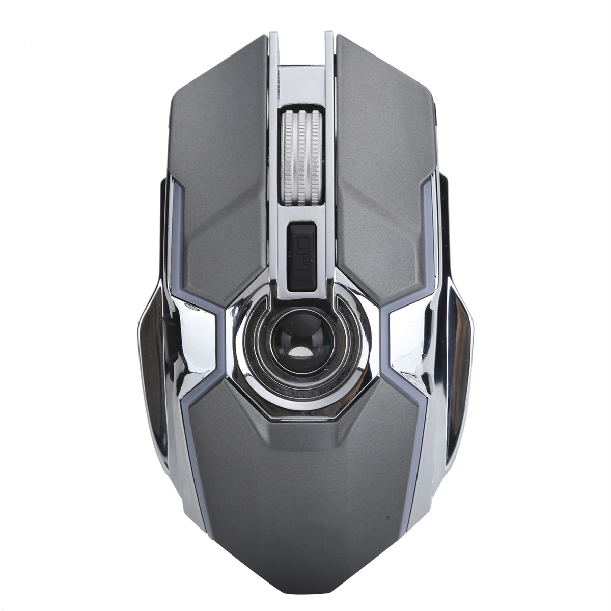 Eine graue Gaming-Maus mit Tasten, einem Scrollrad und einer beleuchteten Basis.