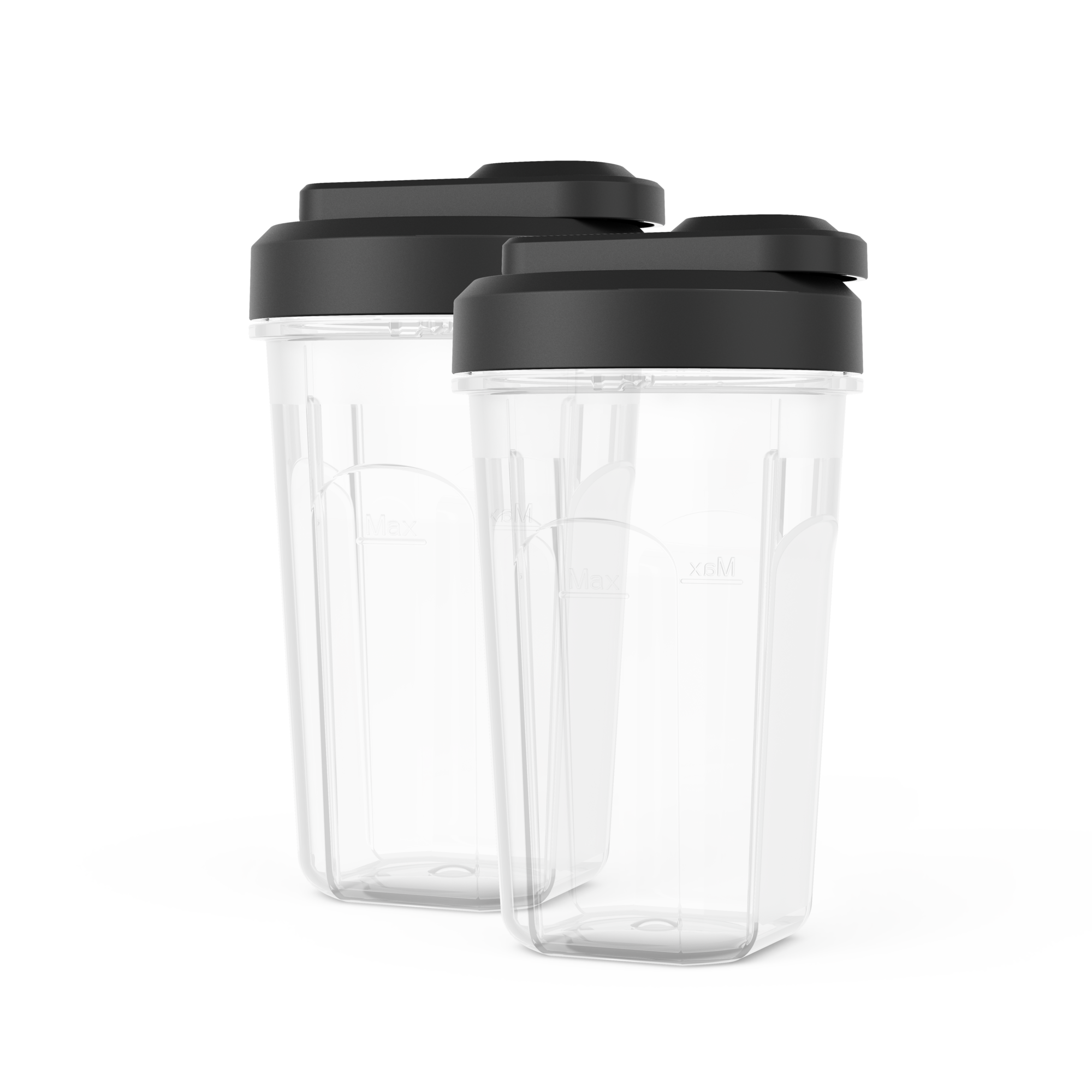 Dos vasos transparentes de licuadora con tapas negras. Están vacíos, listos para usar.