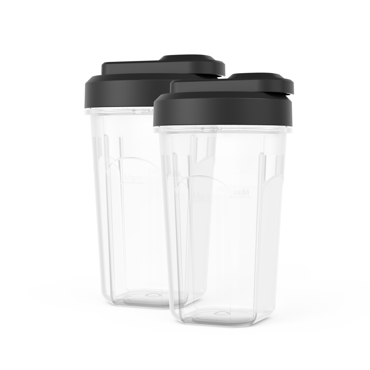 Dos vasos de licuadora transparentes con tapas negras, uno al lado del otro, mostrando medidas.