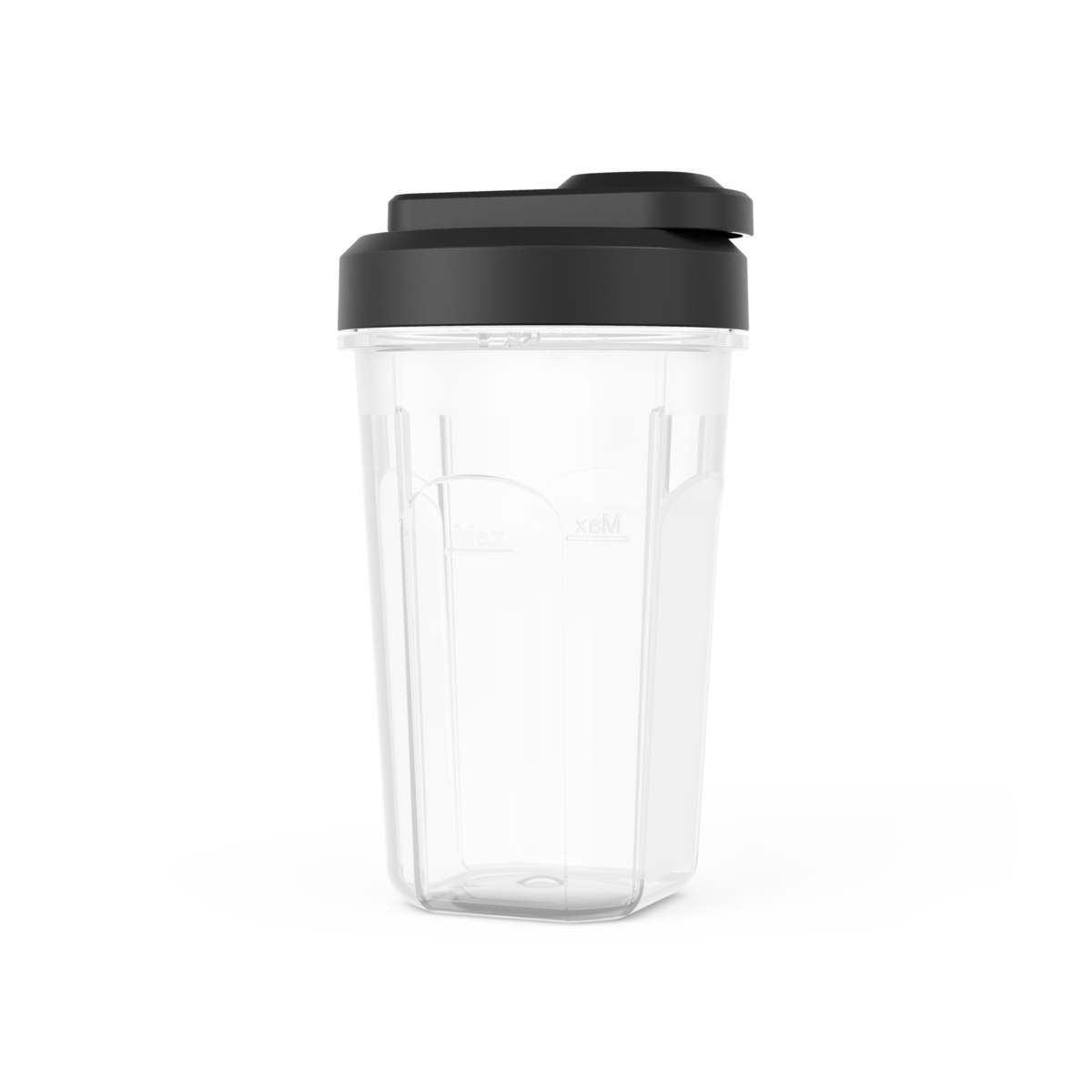 Vaso de licuadora de plástico transparente con tapa negra. Tiene marcas Max y x6M.