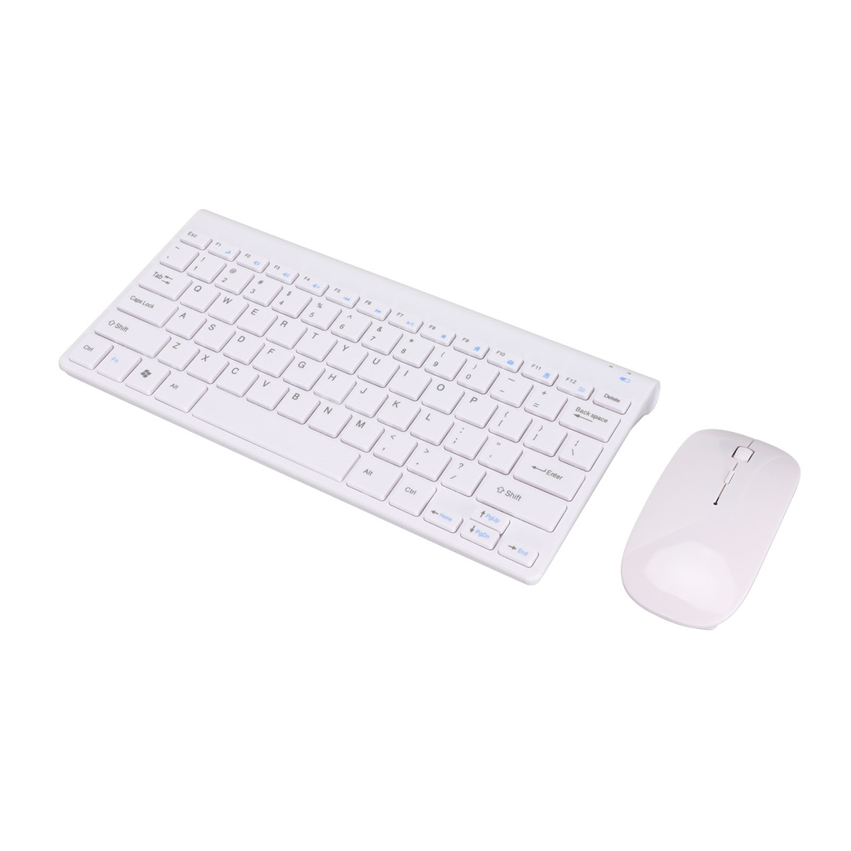 Ein weißes Tastatur- und Maus-Set. Die Tastatur hat viele Tasten, und die Maus ist klein und oval.