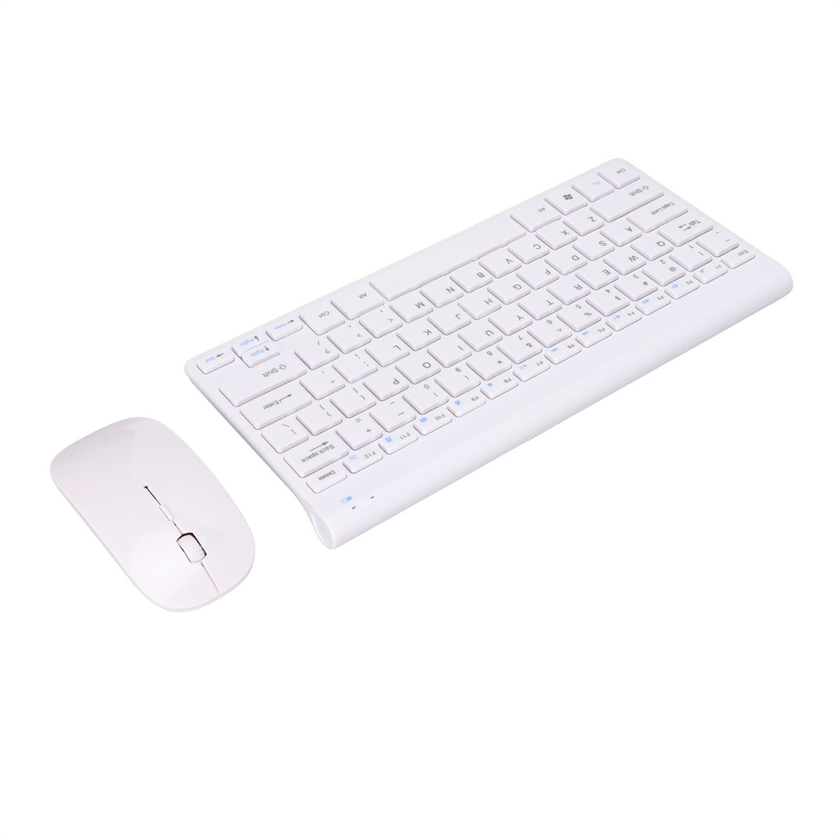 Ein weißes kabelloses Tastatur- und Maus-Set. Die Tastatur hat viele Tasten und ein gebogenes Design.