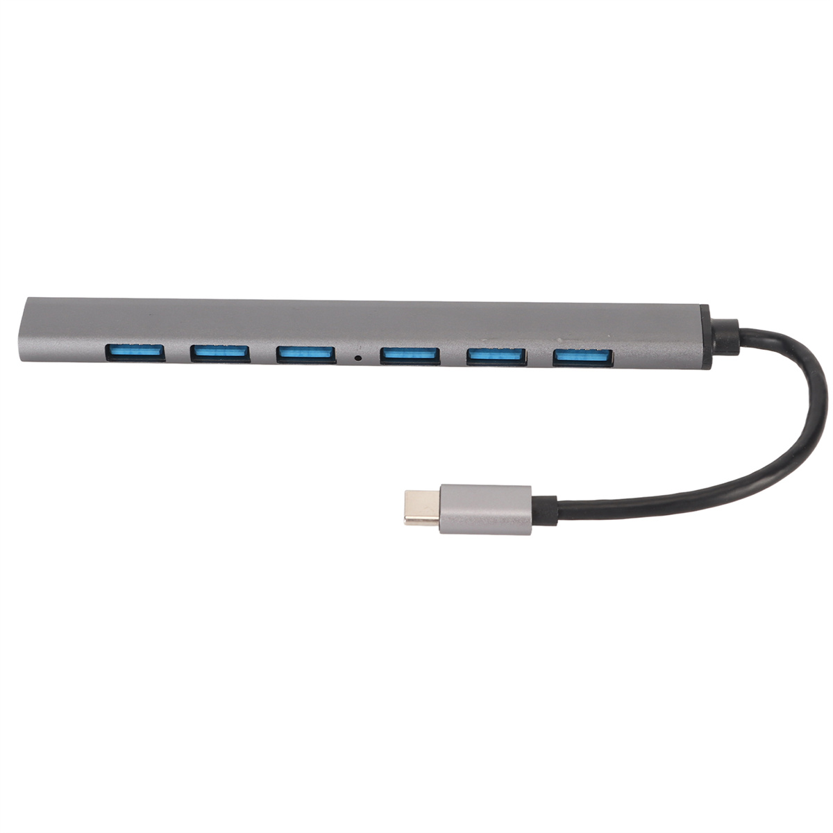 Ein silberner USB-Hub mit 4 blauen USB-Anschlüssen, einem USB-C-Anschluss und einem schwarzen Kabel.