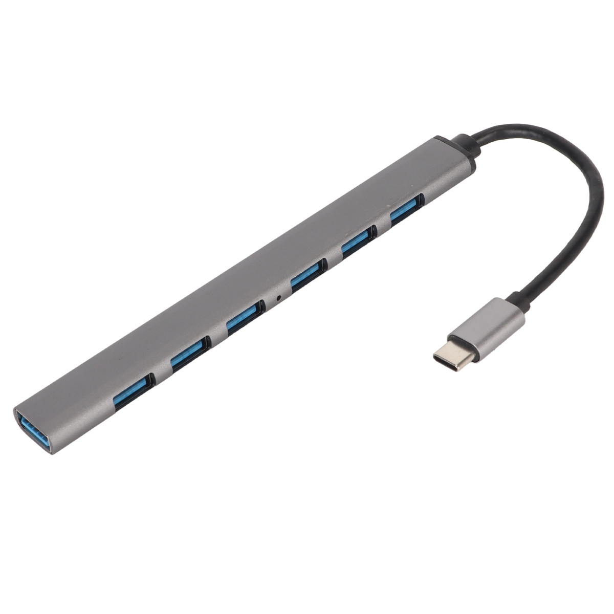 Ein grauer USB-Hub mit mehreren blauen USB-Anschlüssen und einem schwarzen Kabel mit USB-C-Anschluss.