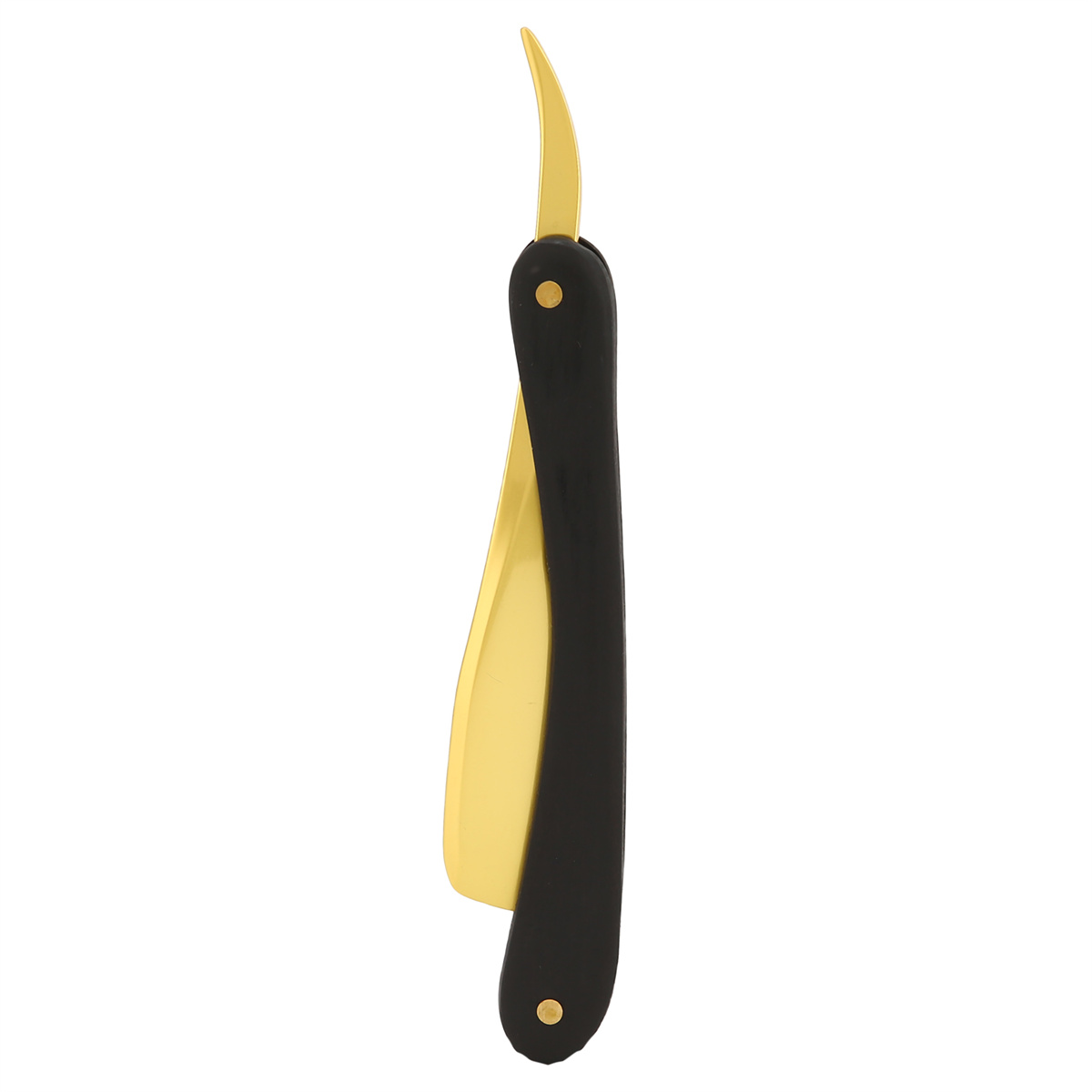 Ein gold-schwarzer Friseurscherer mit gebogener Klinge vor weißem Hintergrund.
