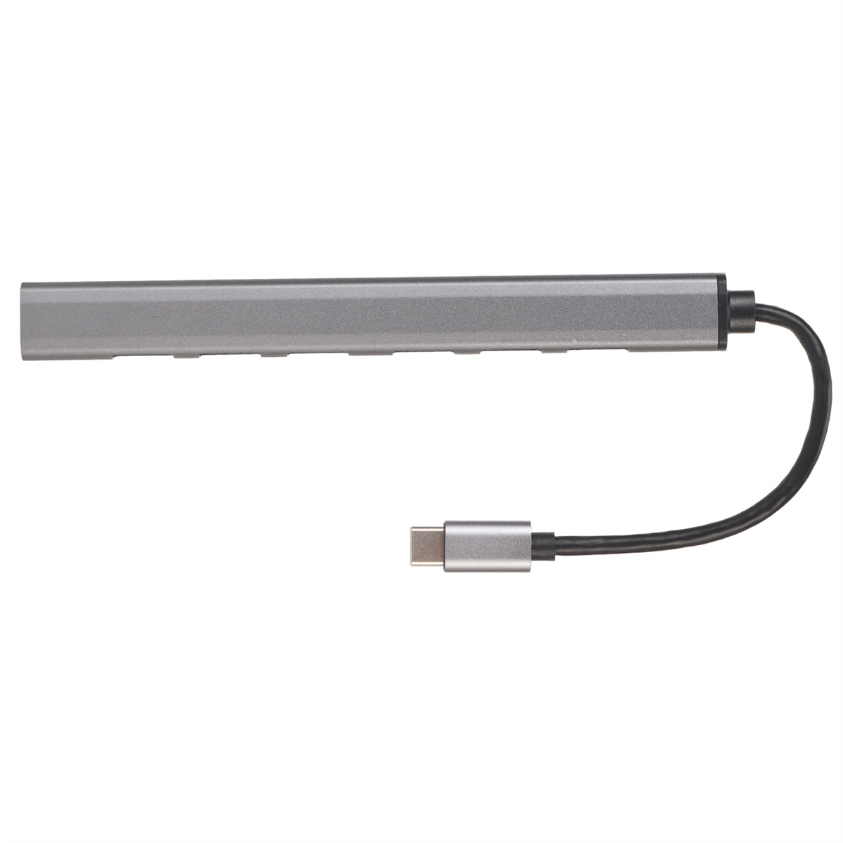 Ein grauer USB-C-Hub mit schwarzem Kabel und silbernem USB-C-Anschluss.