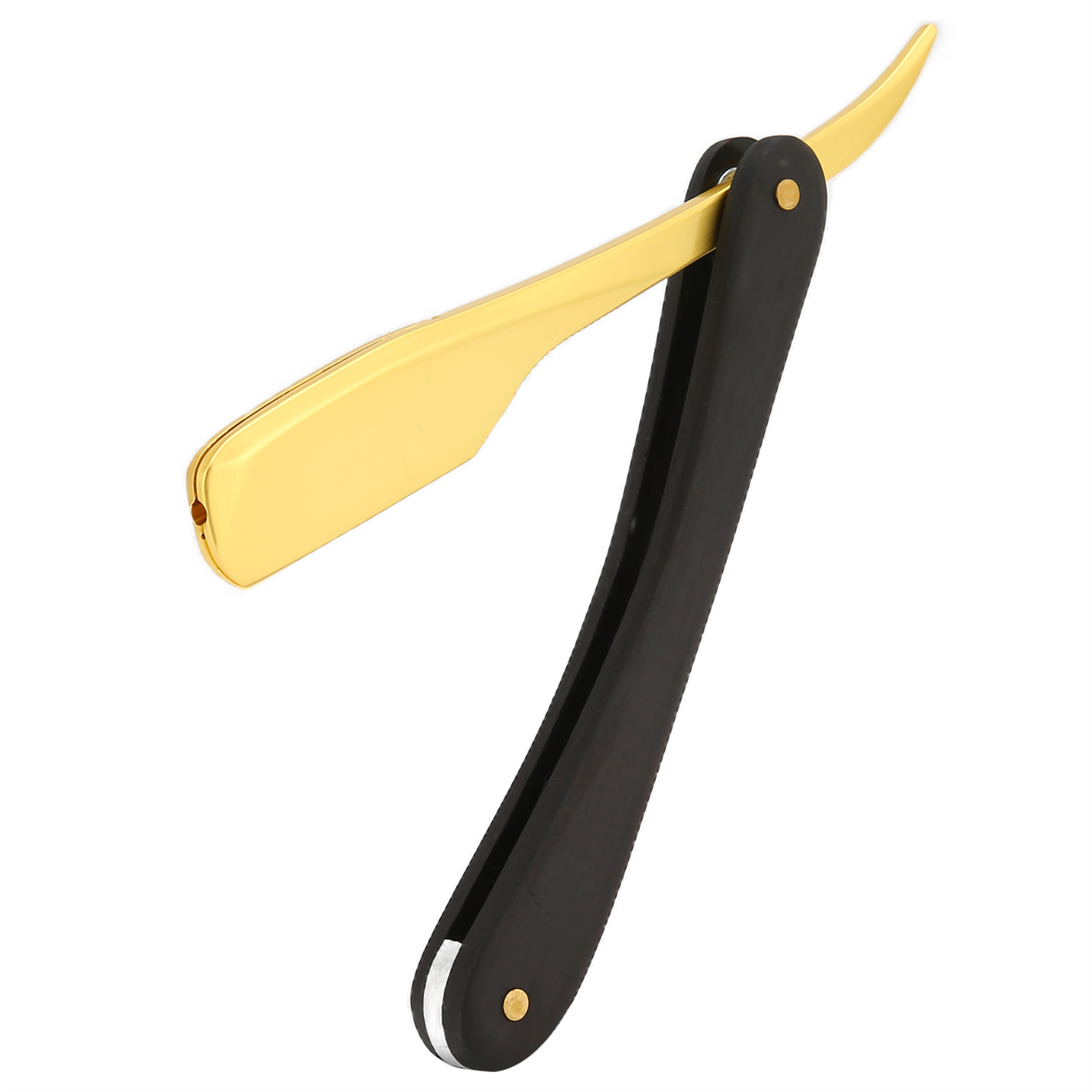 Goldenes und schwarzes Rasiermesser, Klinge offen, auf weißem Hintergrund.