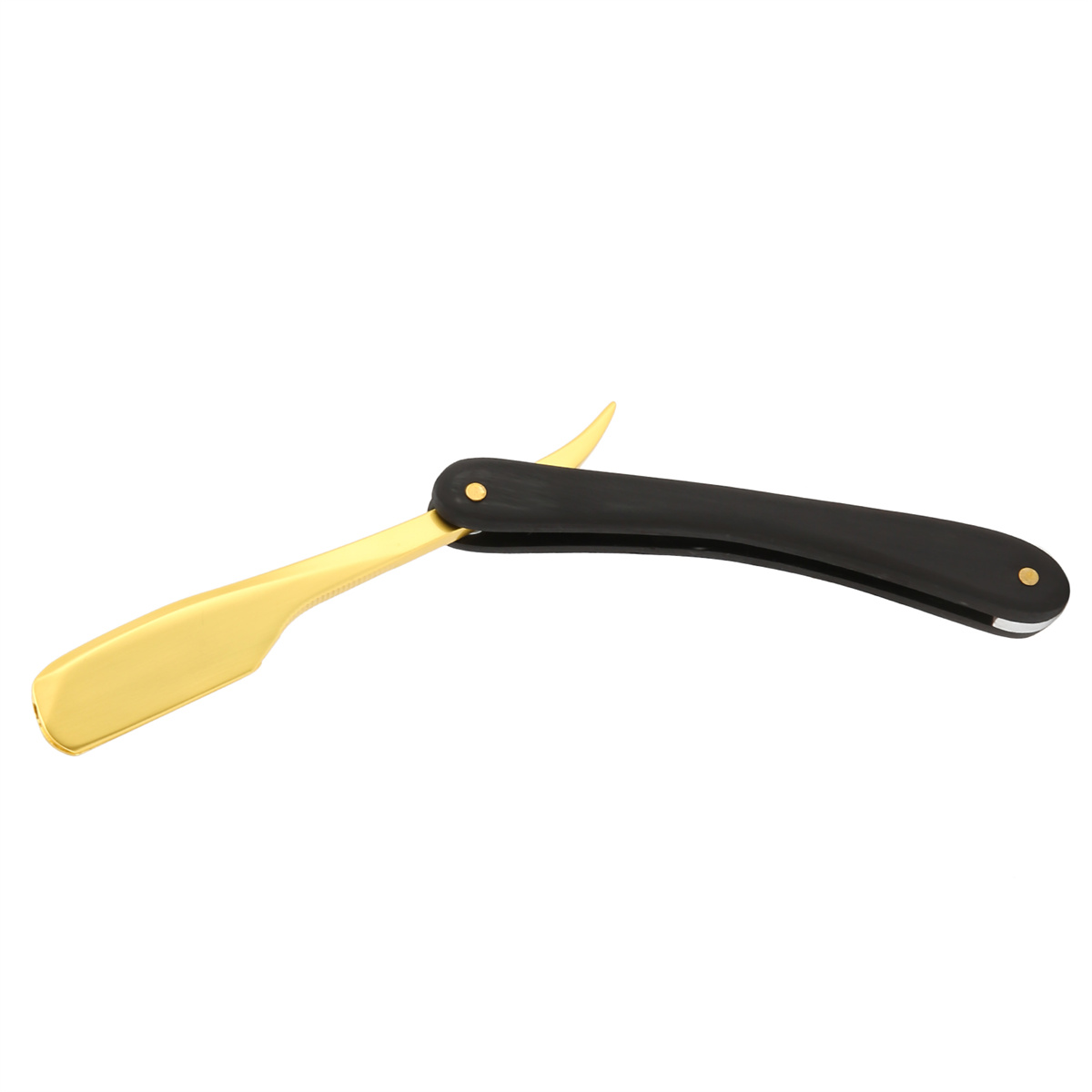 Gold- und schwarzes Rasiermesser, offen und bereit. Isoliert auf weißem Hintergrund.