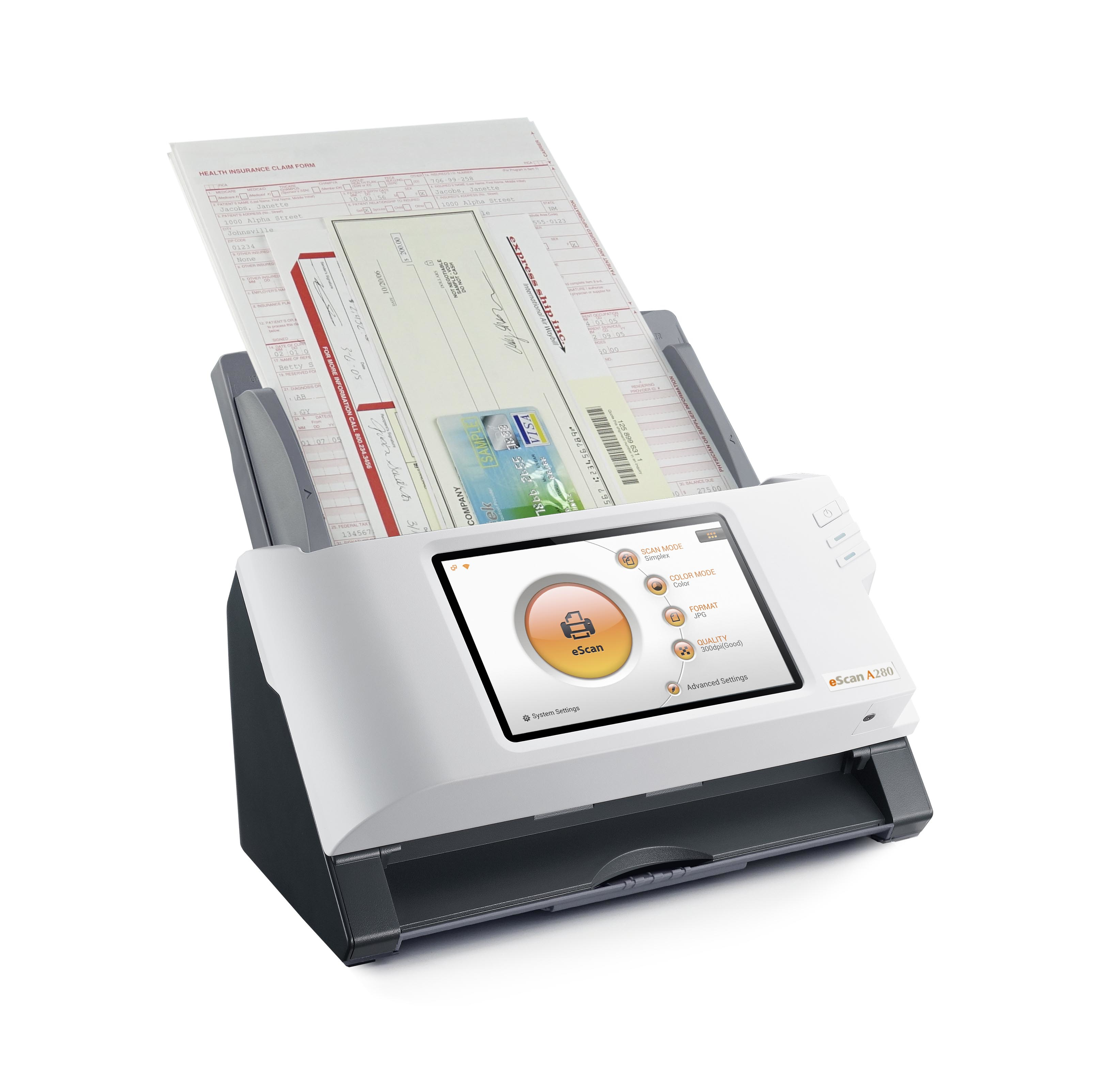 Skaner z papierem. Ma ekran z przyciskami. Urządzenie jest białe i szare.