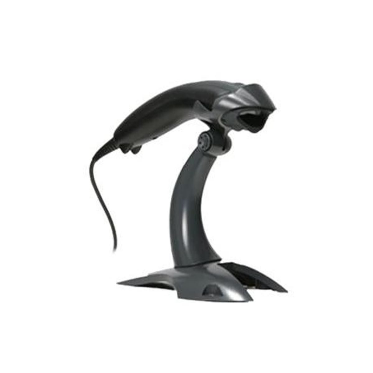 Uno scanner di codici a barre nero su un supporto, con collo curvo e base.