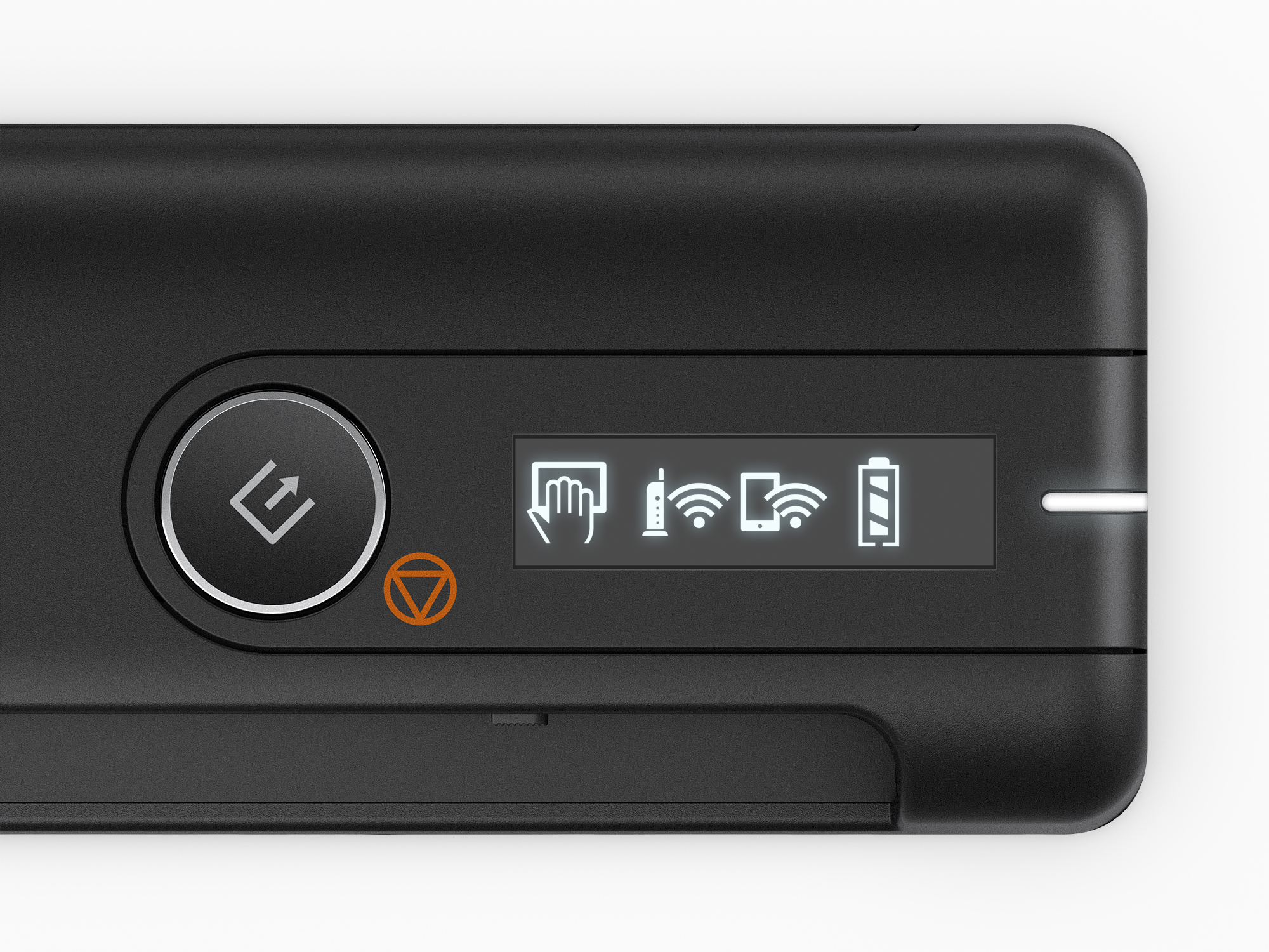 Czarne urządzenie z ekranem pokazującym ikony, w tym dłoń, wifi i baterię.