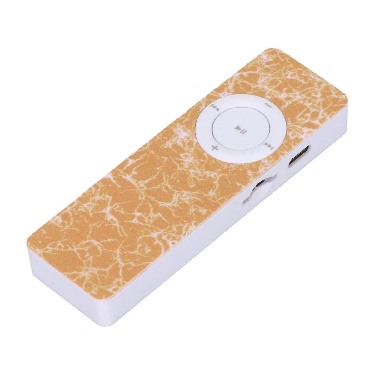 Kleiner, rechteckiger MP3-Player mit weißem Knopf und Marmormuster.