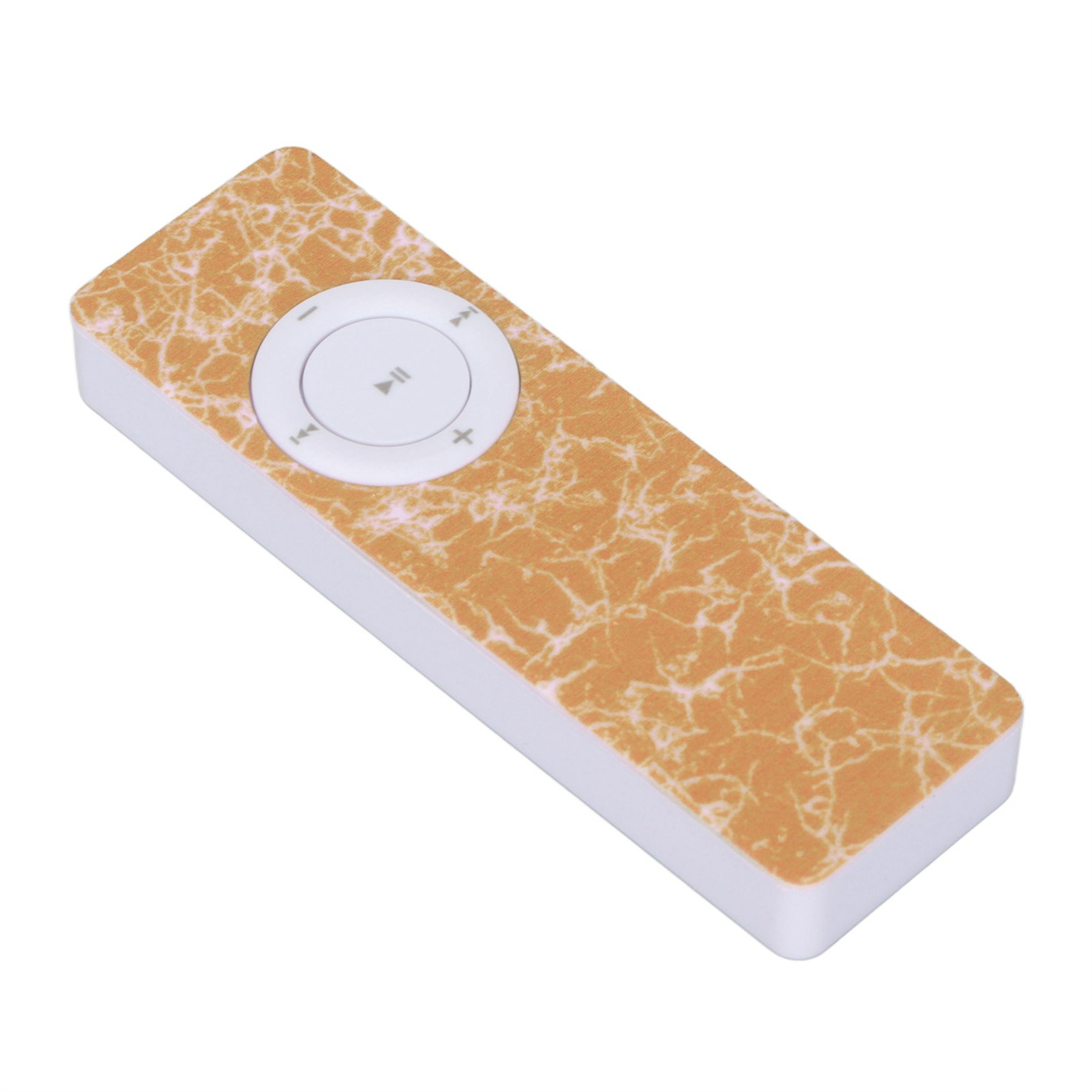 Ein kleiner, weißer MP3-Player mit einem kreisförmigen Bedienfeld und Tasten. Die Oberfläche hat ein Marmormuster.