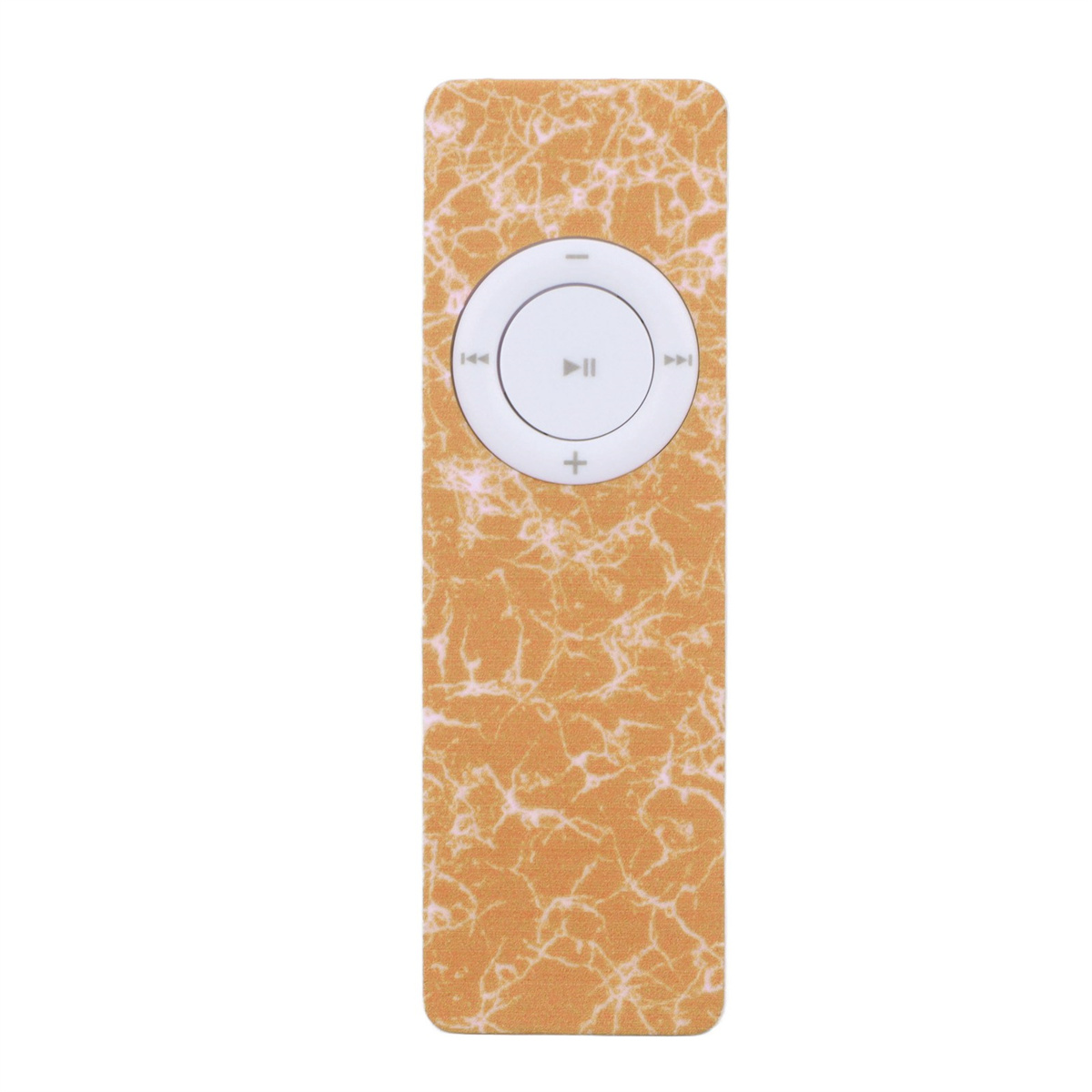 Ein kleiner, rechteckiger MP3-Player mit Marmormuster auf der Vorderseite.