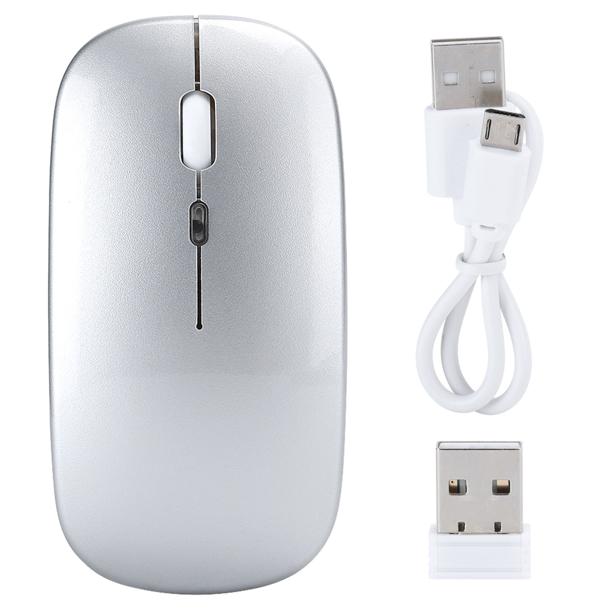 Eine silberne kabellose Maus mit USB-Empfänger und Ladekabel auf weißem Hintergrund.