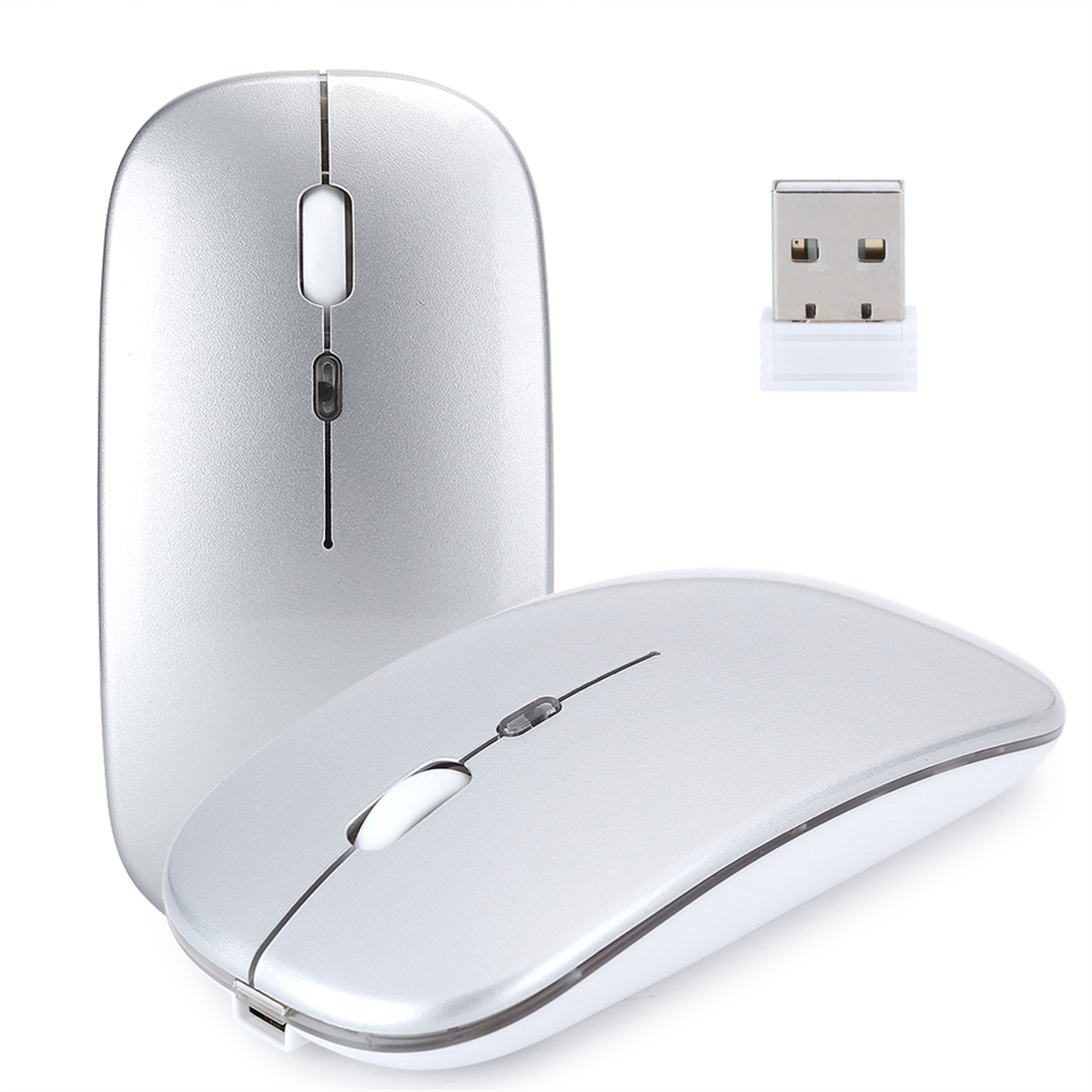 Zwei silberne kabellose Mäuse, eine über der anderen. Ein USB-Empfänger befindet sich auf der rechten Seite.