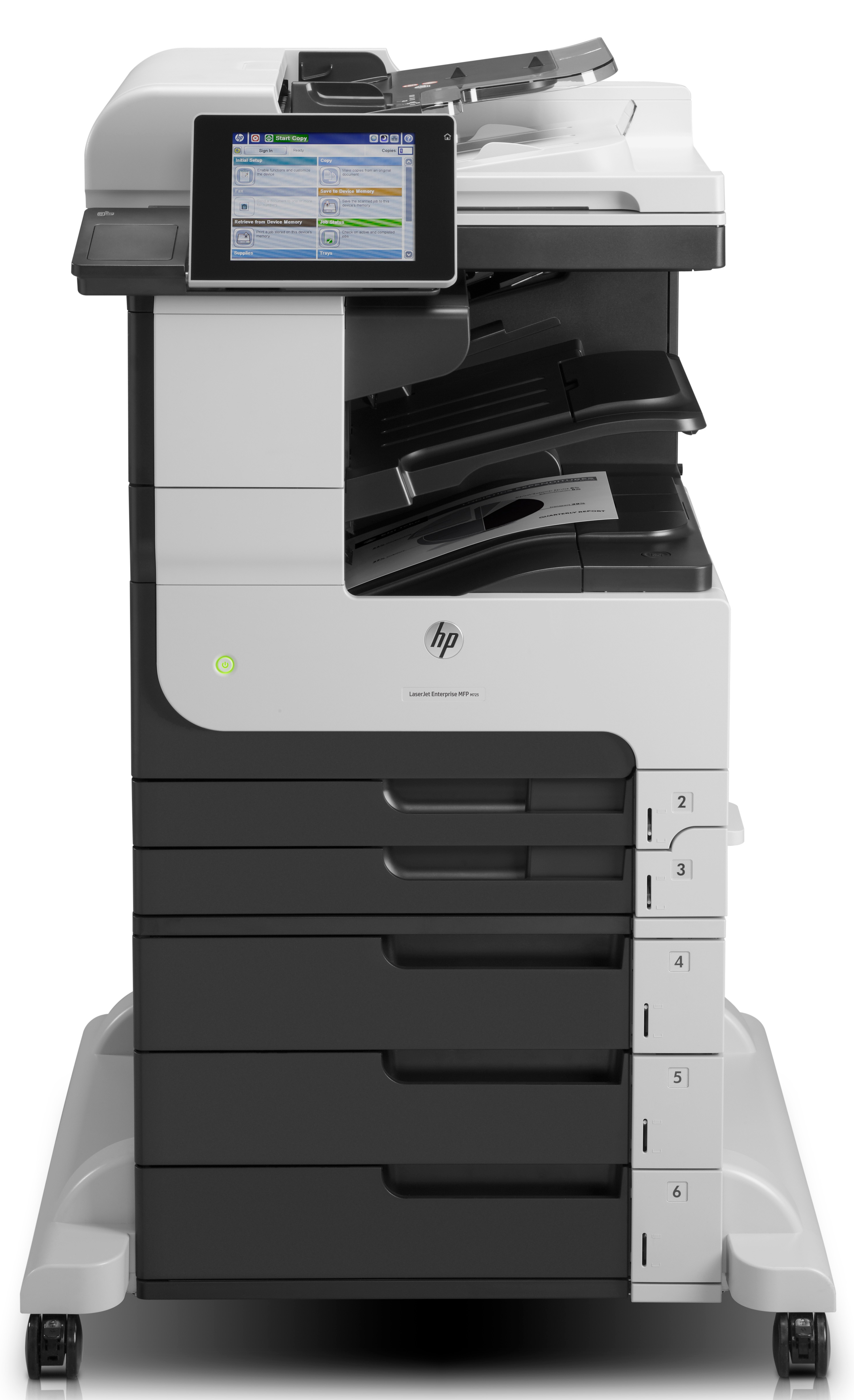 Großer, schwarz-weißer HP Multifunktionsdrucker auf Rollen mit beleuchtetem Bildschirm.