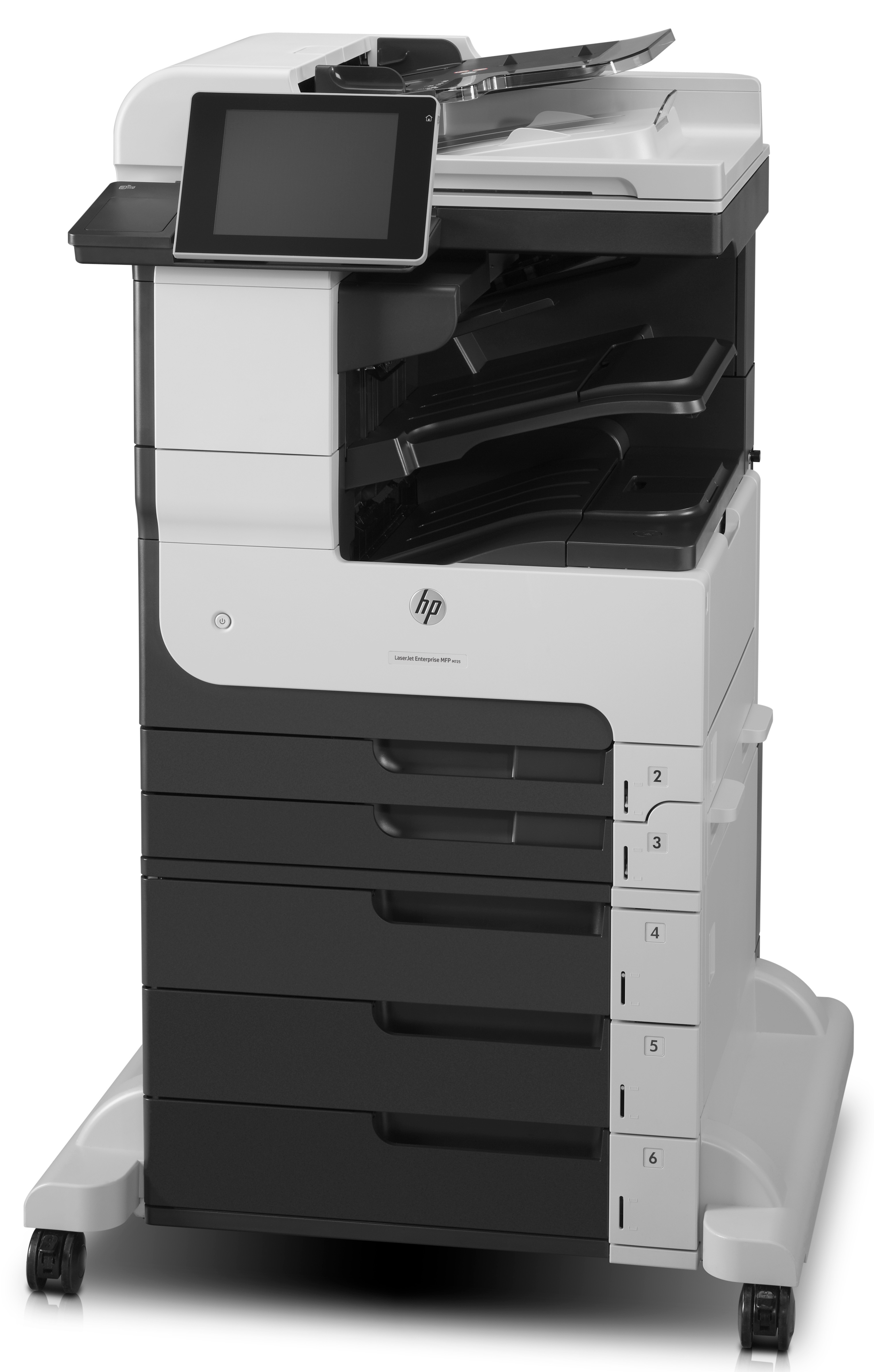 Großer, schwarz-weißer HP Multifunktionsdrucker auf Rollen.