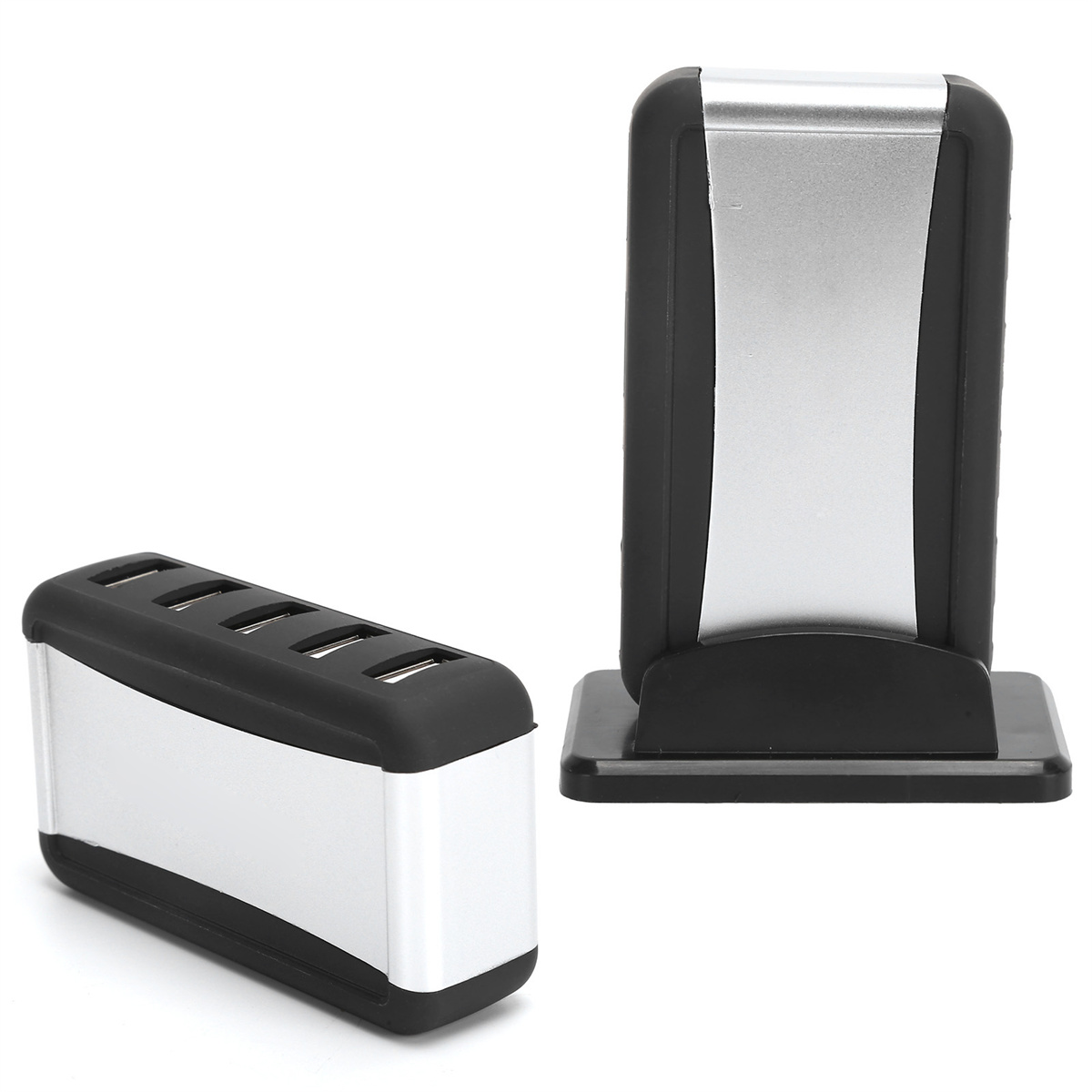 Zwei Geräte: ein silberner und schwarzer USB-Hub und ein schwarzer Sockel mit silberner Oberseite.