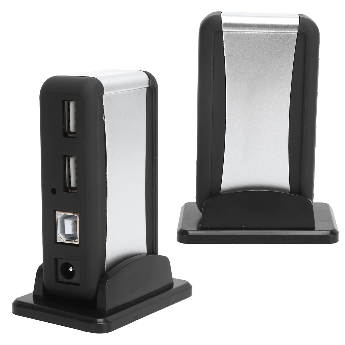 Silberner und schwarzer USB-Hub mit 3 USB-Anschlüssen und Stromanschluss.