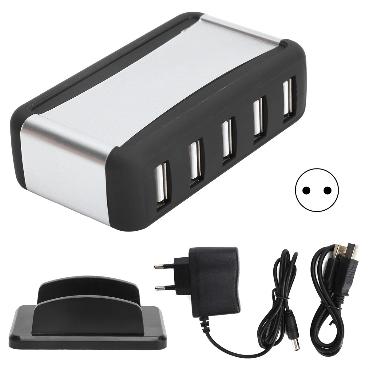 USB-Hub mit vier Anschlüssen, Netzteil und Ständer.